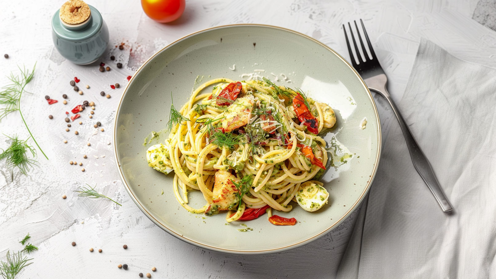 Ein Teller Spaghetti mit frischen Tomatenstückchen und gehacktem Kräuterbelag. Die Pasta ist mit einer feinen Schicht Parmesan bestreut und serviert in einer flachen, weißen Schüssel. Im Hintergrund sind einige Zutaten wie Tomaten und Kräuter zu sehen.
