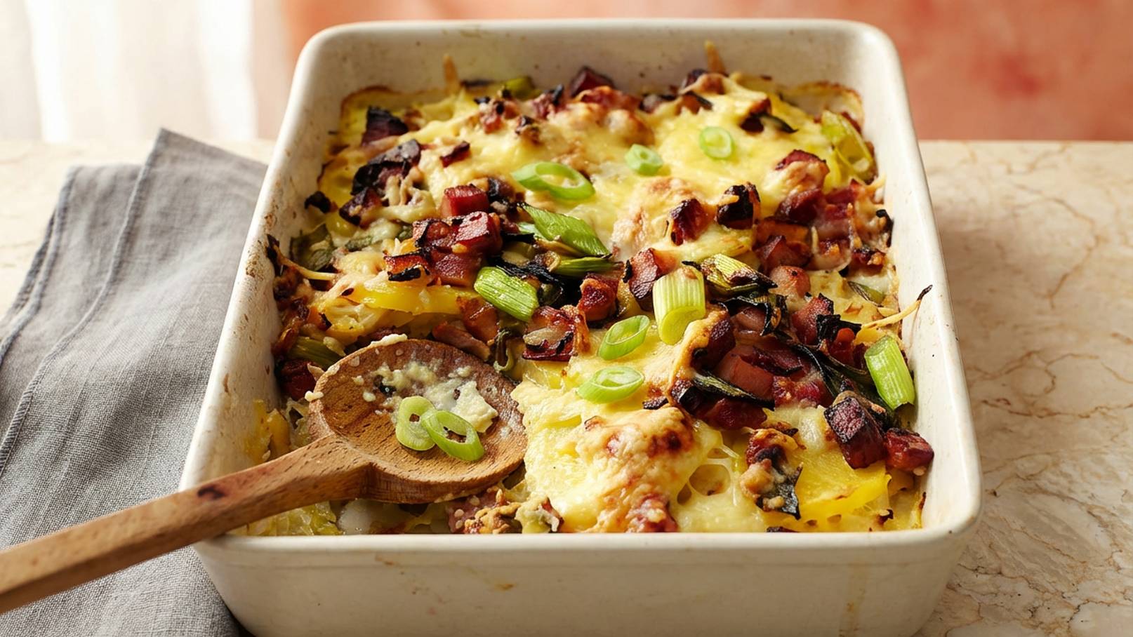 Ein Auflauf in einer weißen Keramikform, belegt mit Käse, Speck und Frühlingszwiebeln. Der Auflauf hat eine goldene, knusprige Oberfläche und wird mit einem Holzlöffel serviert. Im Hintergrund liegt ein graues Tuch.