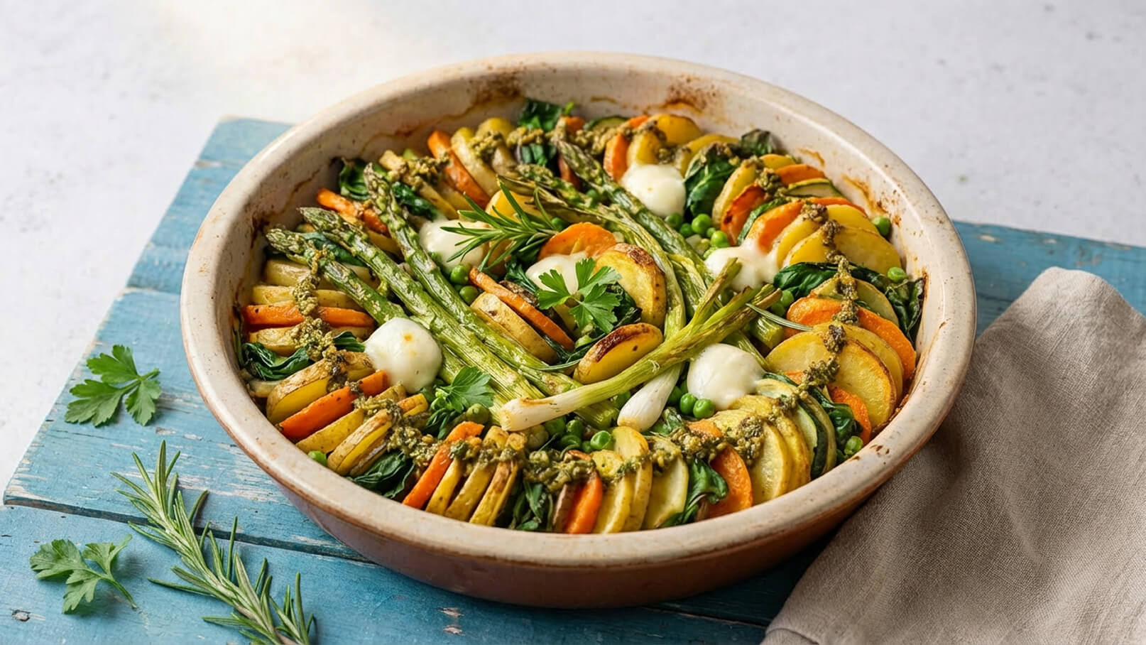 Ein runder Auflauf mit geschichtetem Gemüse, darunter Zucchini, Karotten und Kartoffeln, garniert mit frischem Basilikum-Pesto und kleinen Mozzarellakugeln. Der Auflauf liegt in einer hellen Keramikschale auf einem blauen Holzuntergrund. Grünes Blattgemüse ist ebenfalls sichtbar.