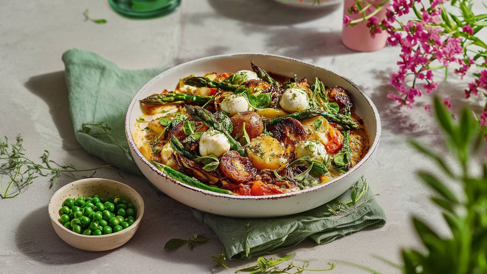 Eine Schüssel mit geröstetem Gemüse, darunter Spargel, Kartoffeln und kleine Mozzarella-Kugeln, garnierte Kräuter und Gewürze. Neben der Schüssel befindet sich eine kleine Schale mit grünen Erbsen. Der Hintergrund ist neutral gehalten.