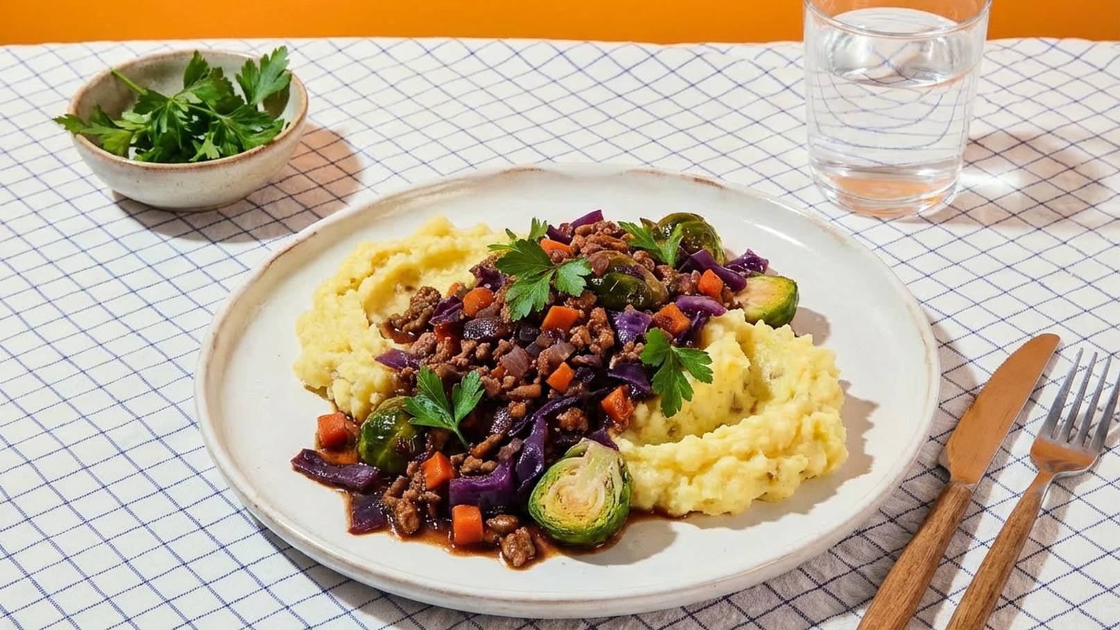 Ein Teller mit Kartoffelbrei, garniert mit gehackter Petersilie. Darauf befindet sich eine Mischung aus Hackfleisch, Rotkohl, Karotten und Rosenkohl. Im Hintergrund steht ein Glas Wasser und eine Schüssel mit frischer Petersilie. Der Tisch ist mit einem karierten Tuch dekoriert.