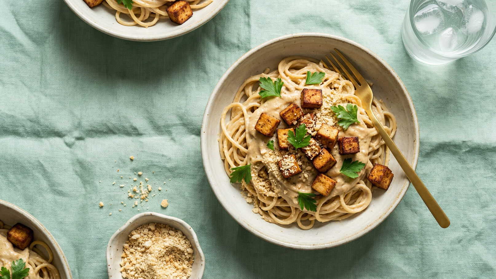 Ein Teller Pasta mit einer cremigen Soße, garniert mit gebratenem Tofu, gehackter Petersilie und einer Prise Nüssen. Im Hintergrund sind weitere Teller und eine Wasserglas zu sehen. Der Tisch ist mit einer pastellgrünen Tischdecke gedeckt.