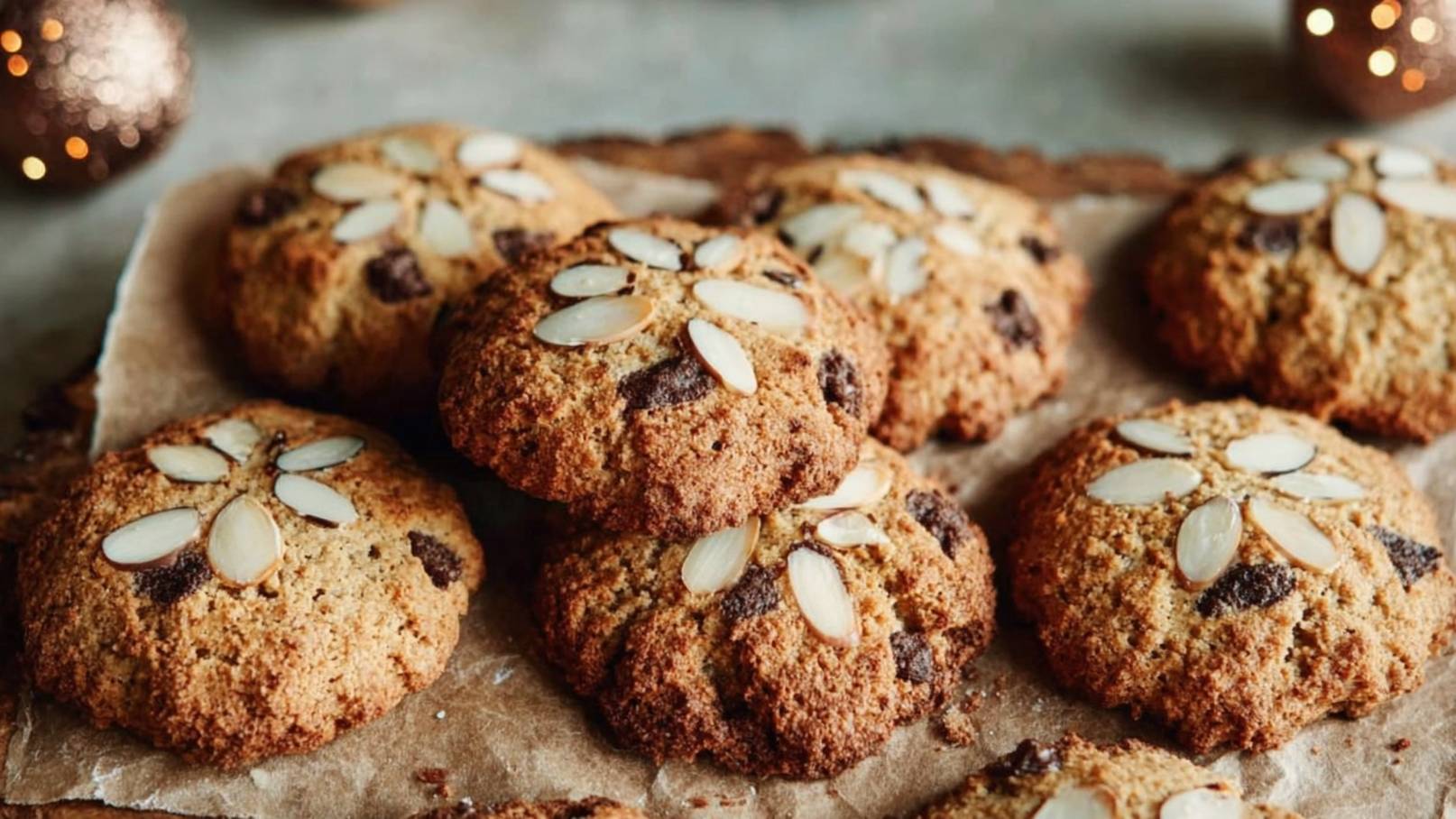 Eine Anordnung frisch gebackener Kekse auf Backpapier. Die Kekse sind goldbraun und mit mandelförmigen Stücken dekoriert. Einige Kekse enthalten Schokoladenstückchen, die sichtbar sind. Im Hintergrund sind verschwommene Lichter zu erkennen, die eine festliche Stimmung vermitteln.