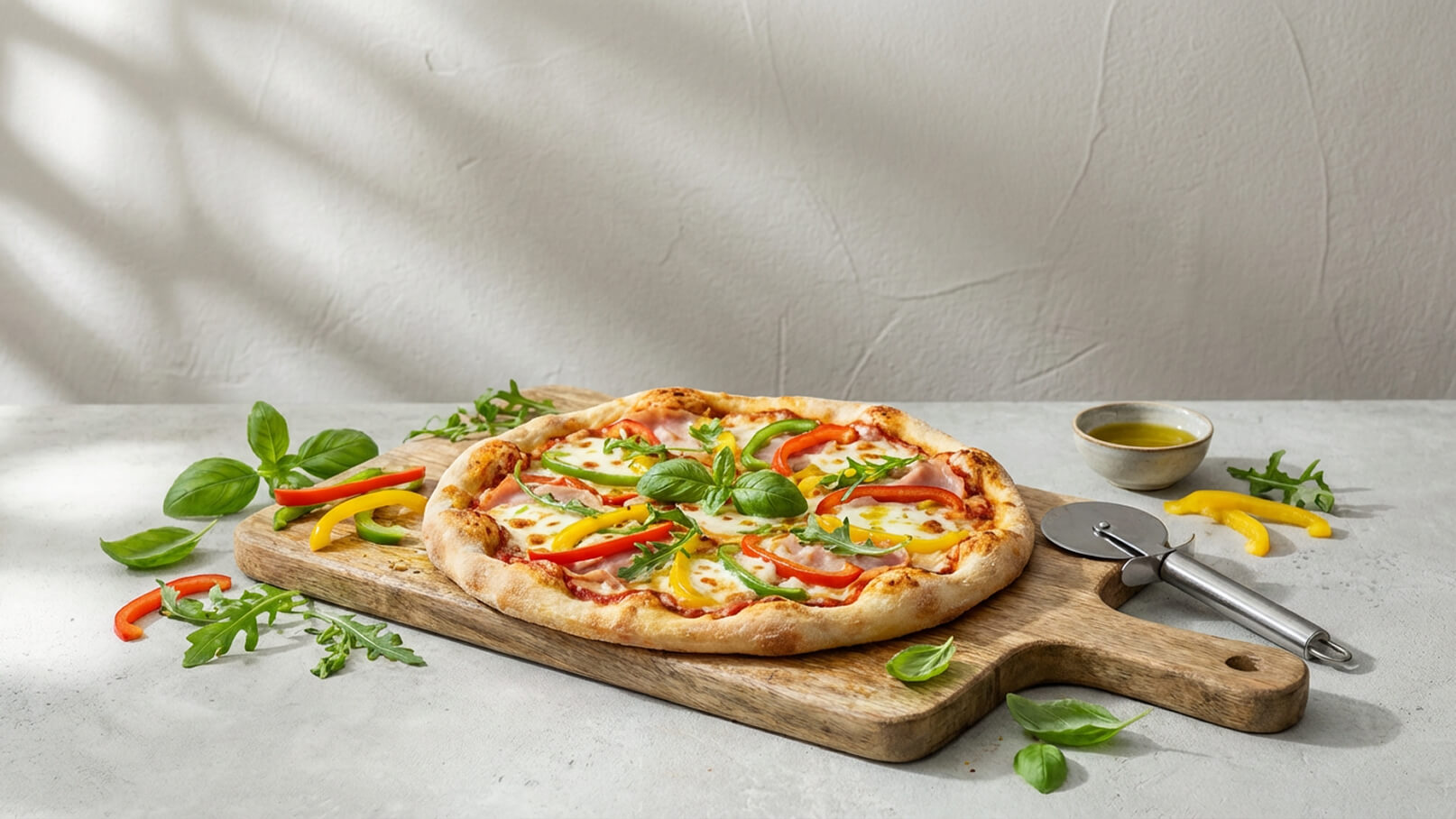 Ein frisch gebackene Pizza auf einem Holzbrett. Sie ist mit Tomatensauce, Käse, Schinken und buntem Gemüse wie Paprika und Basilikum belegt. Daneben liegen frische Kräuter und ein Pizzaschneider. Der Hintergrund ist hell und neutral.