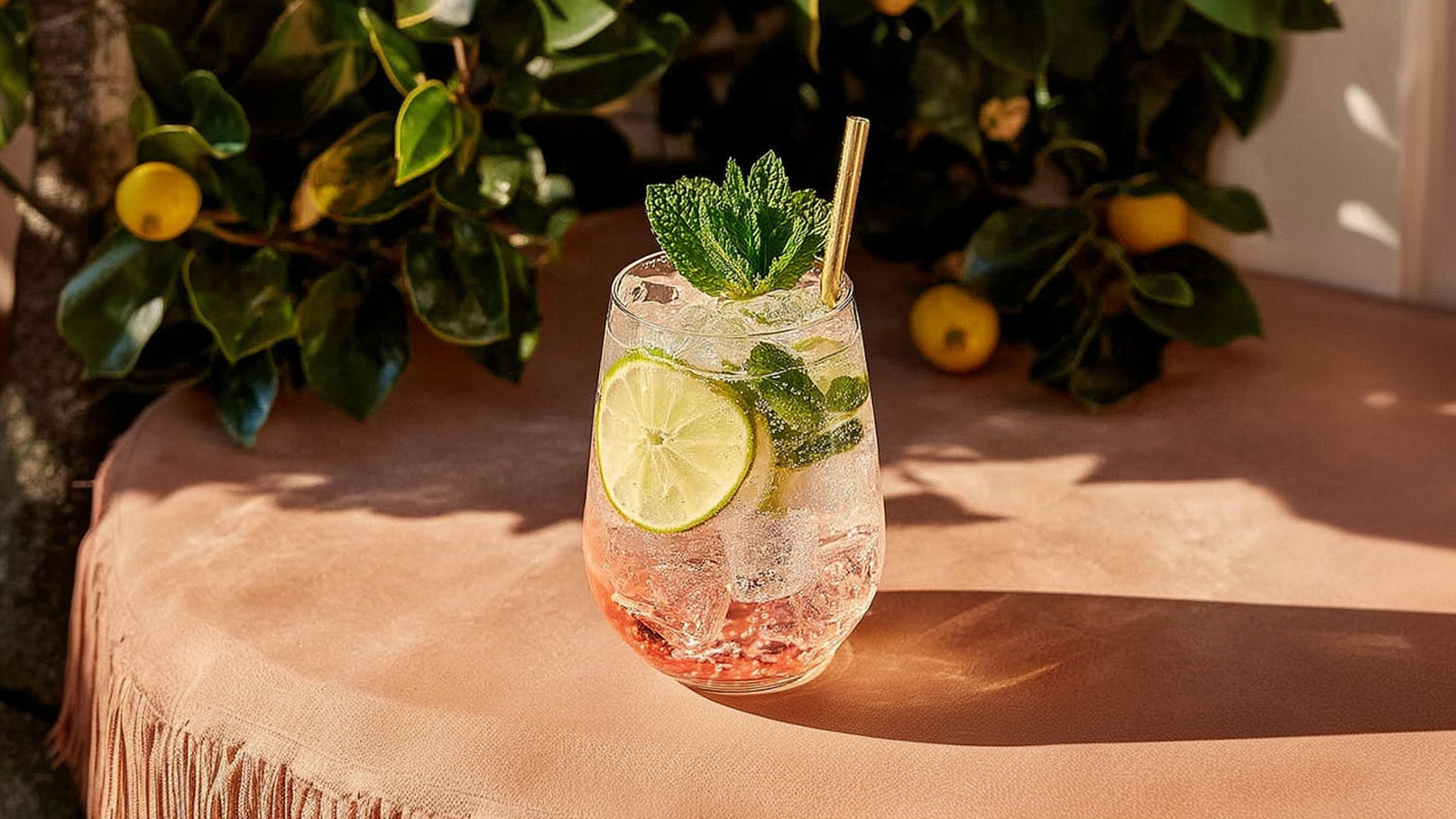 Ein erfrischendes Getränk in einem Glas mit Eiswürfeln, frischen Minzblättern und einer Limettenscheibe. Der Hintergrund zeigt grüne Blätter und gelbe Früchte auf einem Tisch mit einer sanften, hellen Oberfläche.
