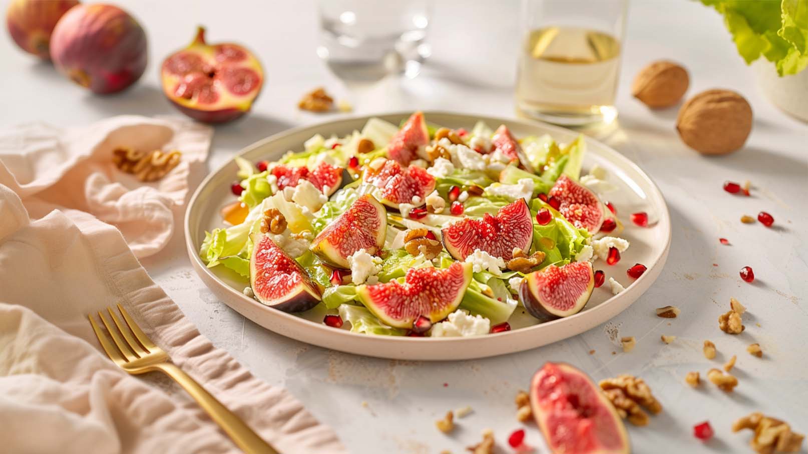 Ein bunter Salat auf einem Teller, der frisch geschnittene Feigen, Walnüsse und Granatapfelkerne enthält, auf einem Bett aus grünen Salatblättern. Im Hintergrund sind einige ganze Feigen und Gläser mit Getränken zu sehen.