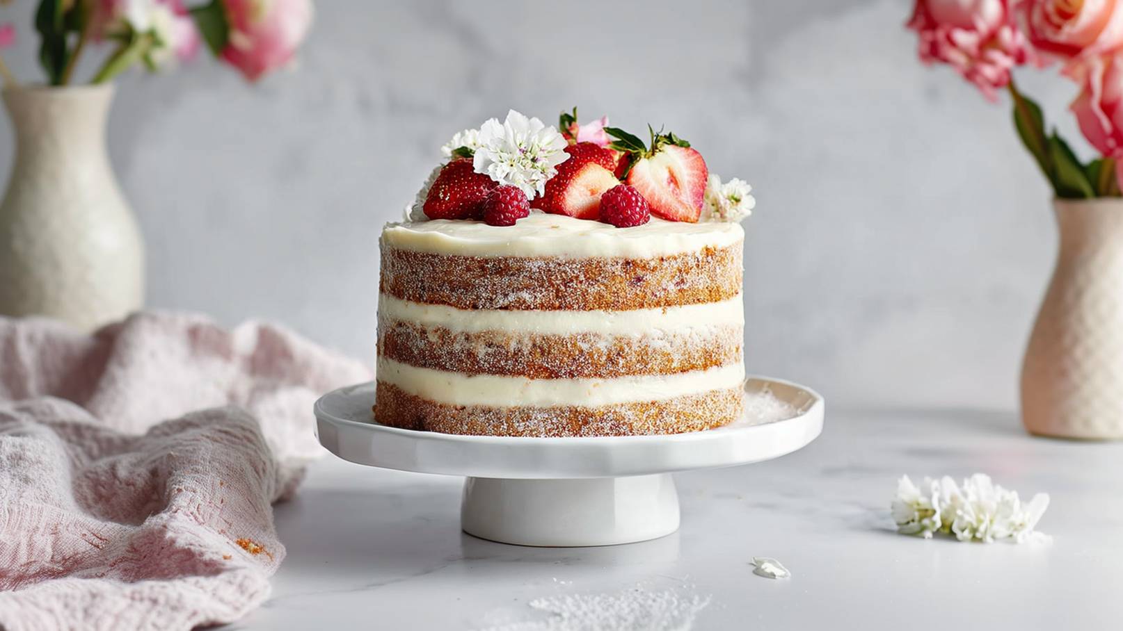 Eine zweifach gestapelte Torte auf einem weißen Teller, dekoriert mit frischen Erdbeeren, Himbeeren und essbaren Blüten. Der untere Teil der Torte hat eine zarte Creme-Schicht, und sie steht auf einem hellen, marmorierten Tisch. Im Hintergrund sind verschwommene Blumenvasen zu sehen.