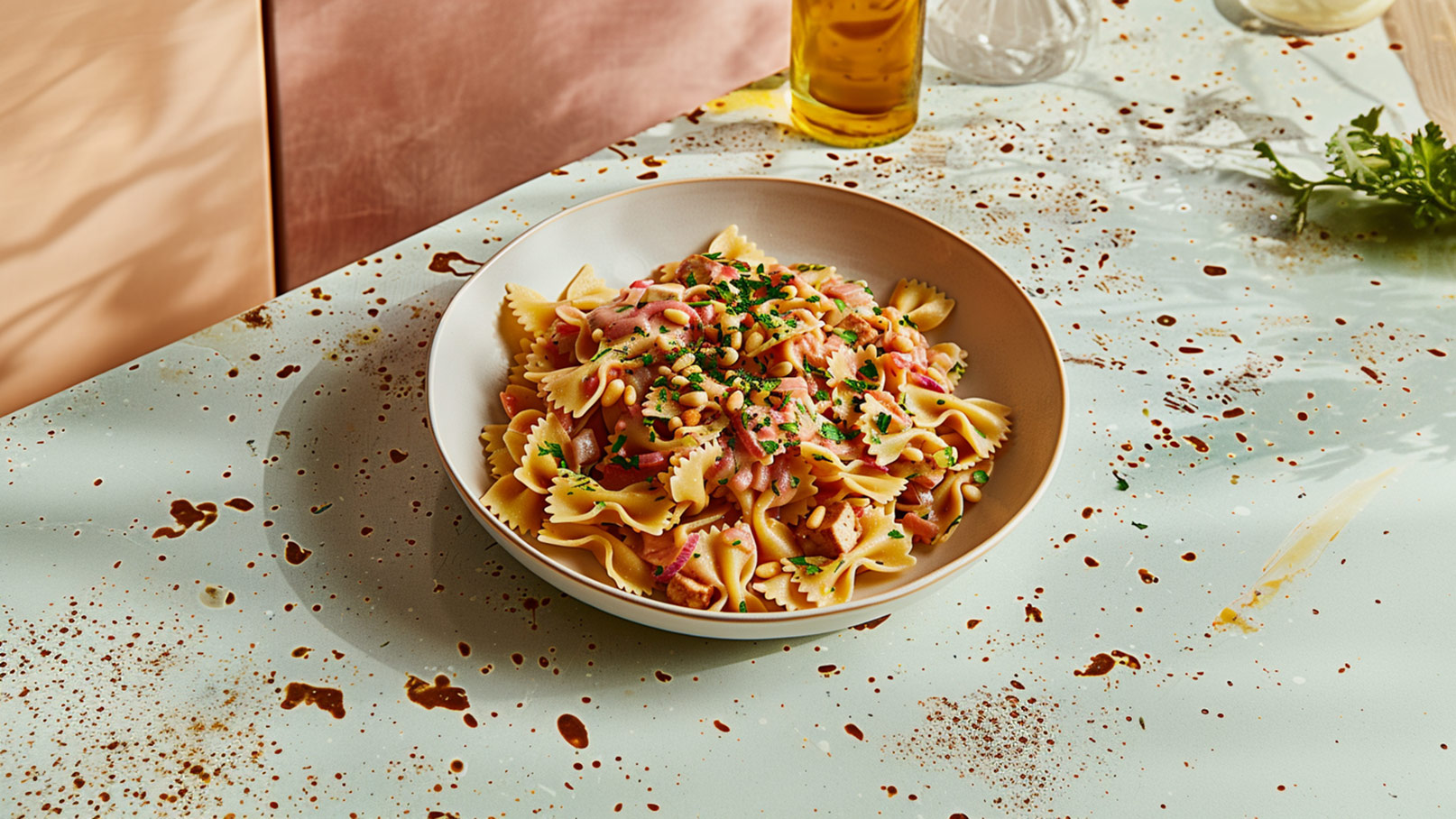 Eine Schüssel mit Farfalle-Pasta, garniert mit frischem Schnittlauch, geriebenem Parmesan, Pinienkernen und Stückchen von einer herzhaften eingelegten Zutat. Der Hintergrund zeigt einige frische Kräuter und andere Zutaten, die das Gericht ergänzen.