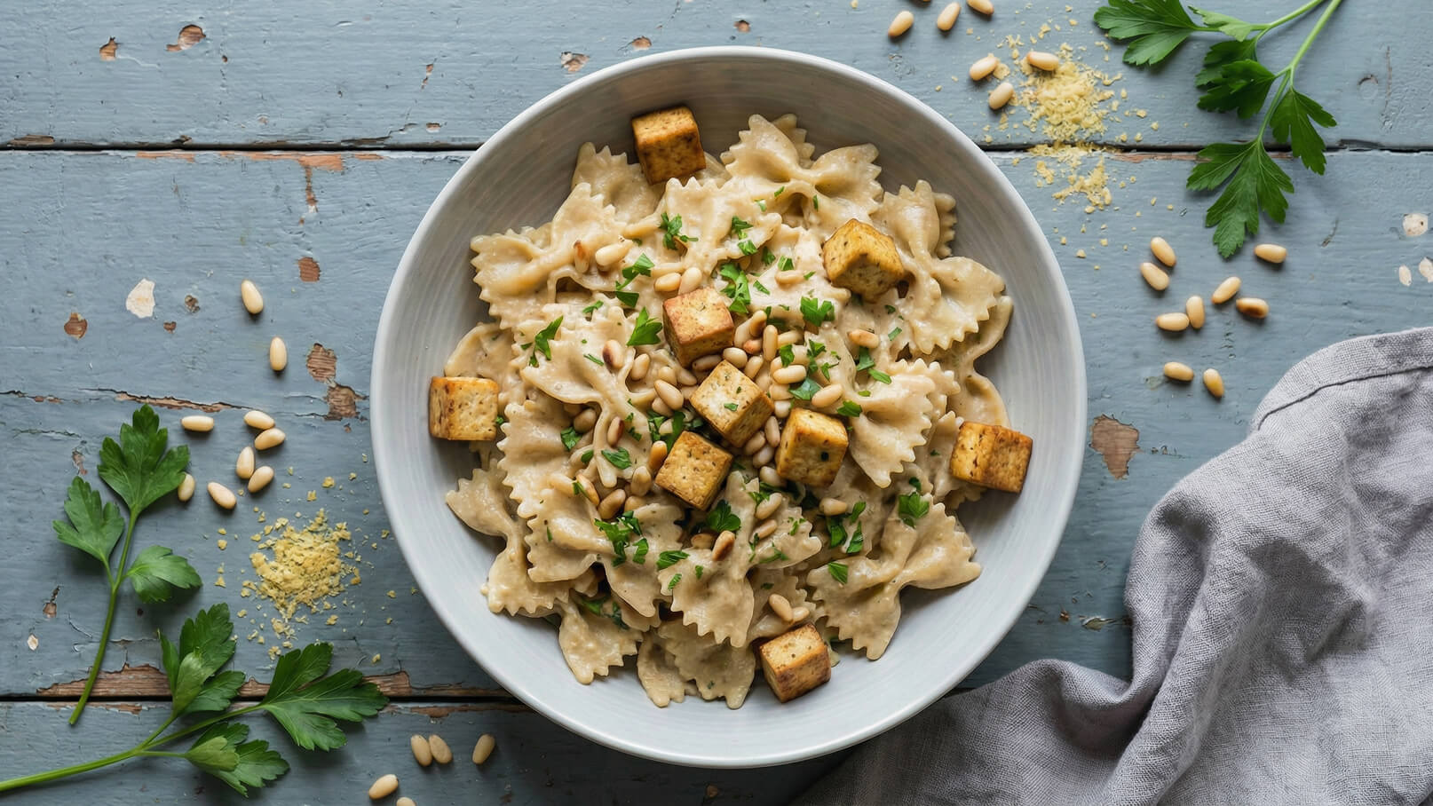 Ein Teller mit Farfalle-Nudeln in einer cremigen Sauce, garniert mit gebratenem Tofu, Pinienkernen und frischer Petersilie. Der Hintergrund zeigt eine rustikale Holzoberfläche.