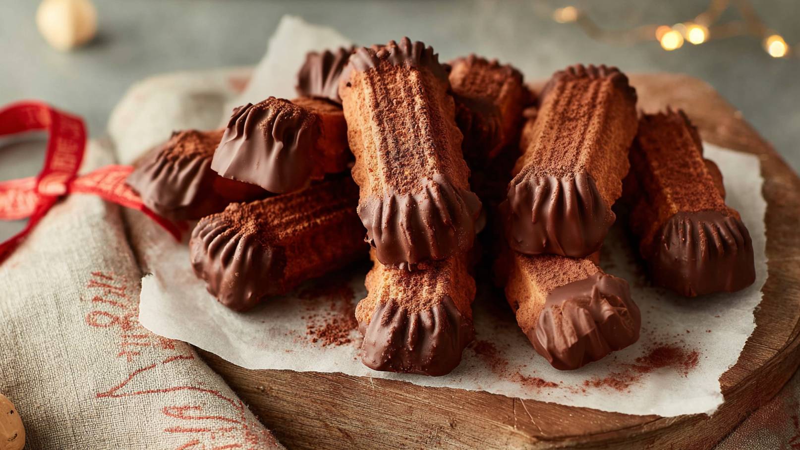 Eine Ansammlung von schokoladenüberzogenen Keksen liegt auf einem Holzbrett. Die Kekse haben eine längliche Form und sind mit Puderzucker bestreut. Der Hintergrund ist unscharf und neutral gehalten.