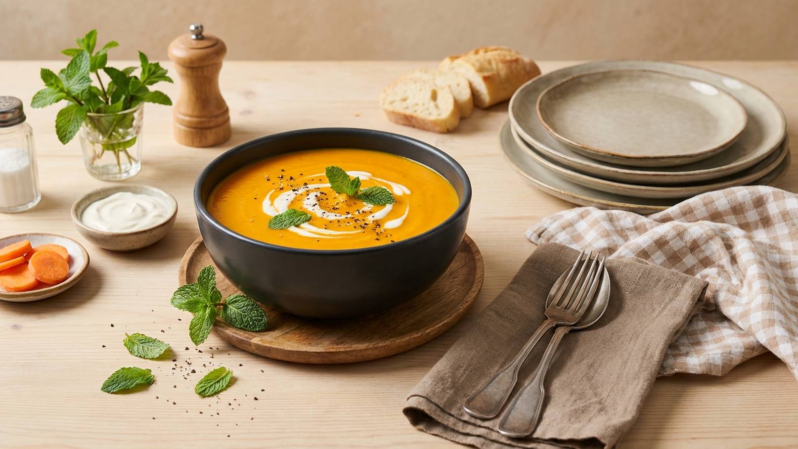 Eine Schüssel mit orangefarbener Suppe, garniert mit frischen Minzblättern und einem Klecks Sahne, steht auf einem Holzbrett. Daneben liegen frisches Brot, ein Salzstreuer und ein kleiner Teller mit Karottenscheiben. Die Tischdecke ist hell und unauffällig.