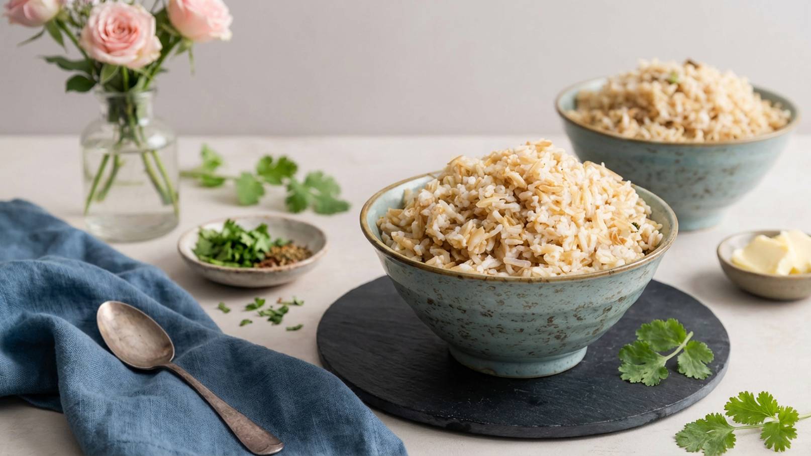 Zwei Schalen mit duftendem Reis stehen auf einem dunklen Untersetzer. Daneben liegen frische Kräuter und eine kleine Schale mit Gewürzen. Ein Löffel und ein blauer Stoff sind ebenfalls sichtbar. Im Hintergrund befindet sich eine Vase mit rosa Blumen.