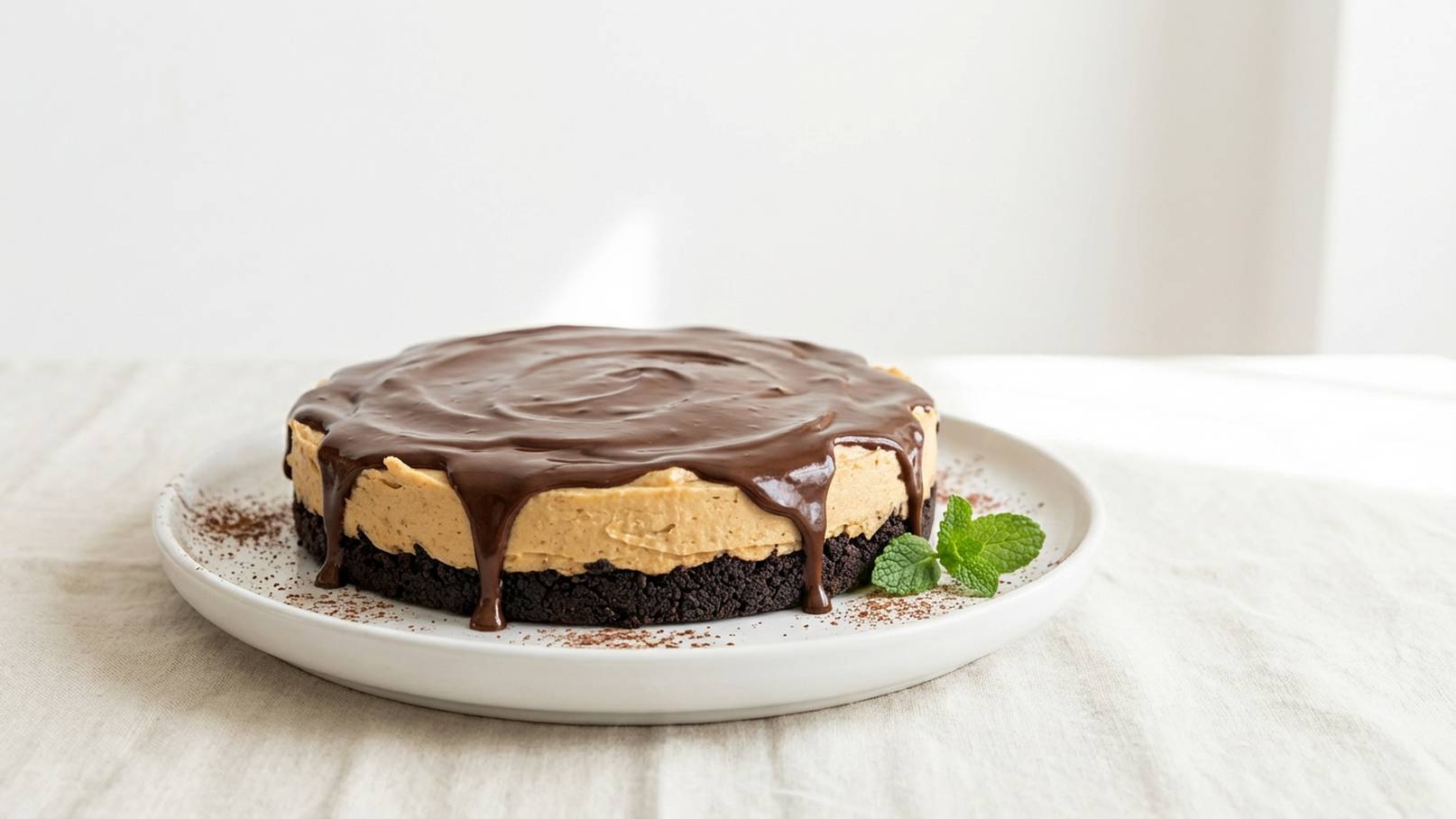 Ein runder Schokoladenkuchen mit einer cremigen, hellen Füllung aus Erdnussbutter. Der Kuchen hat eine dunkle Keksbasis und ist mit geschmolzener Schokolade überzogen, die an den Seiten herabrinnt. Eine frische Minze dekoriert den Rand des Kuchens.