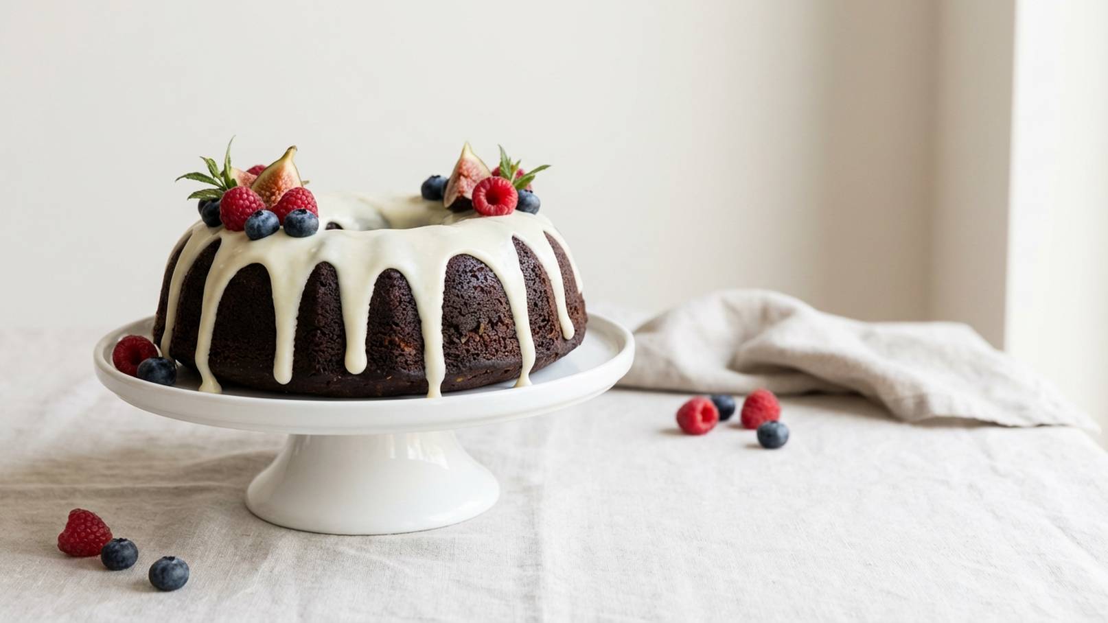 Ein schokoladiger Gugelhupf mit weißem Zuckerguss, dekoriert mit frischen Beeren und einem Feigenstück. Der Kuchen steht auf einem weißen Teller auf einem hellen Tisch. Rote Himbeeren und blaue Beeren liegen daneben.