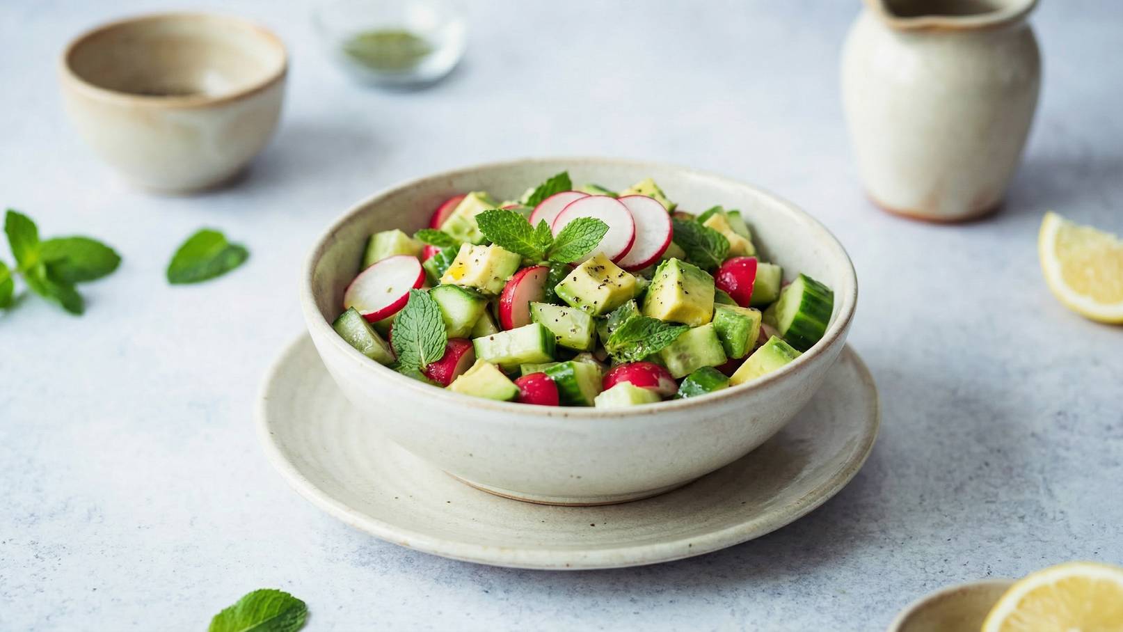 Eine Schüssel mit einem bunten Salat aus Gurken, Avocado, Radieschen und frischer Minze. Der Salat ist ansprechend angerichtet und wirkt frisch und einladend. Im Hintergrund sind weitere kleine Schalen und ein Zitronenstück zu sehen.