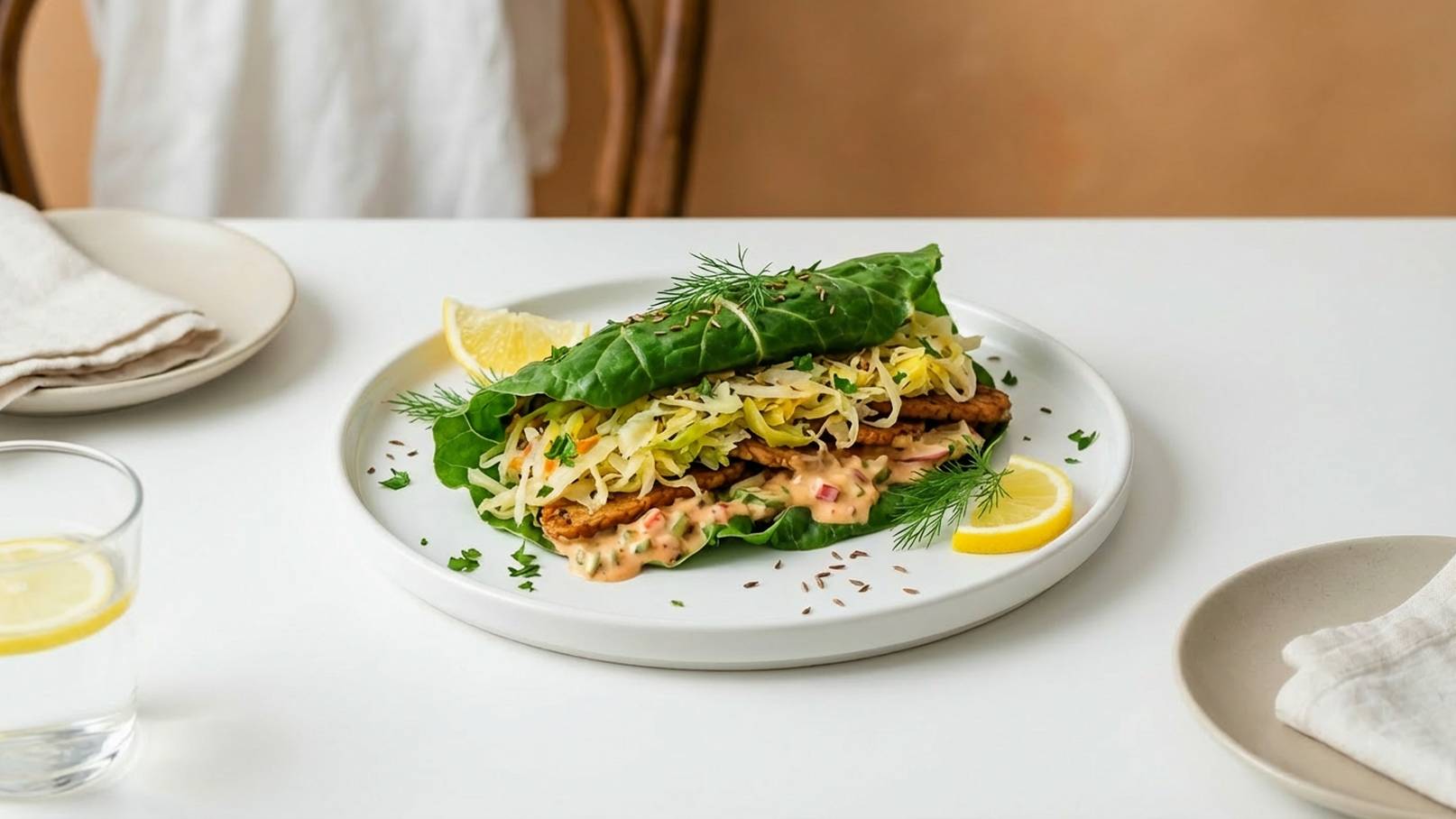 Auf einem weißen Teller liegt ein herzhaftes Sandwich, geschichtet mit gebratenem Gemüse, Sauerkraut und frischem Blattwerk. Ein Stück Zitrone und frische Kräuter garnieren das Gericht. Neben dem Teller steht ein Glas Wasser mit einer Zitronenscheibe.