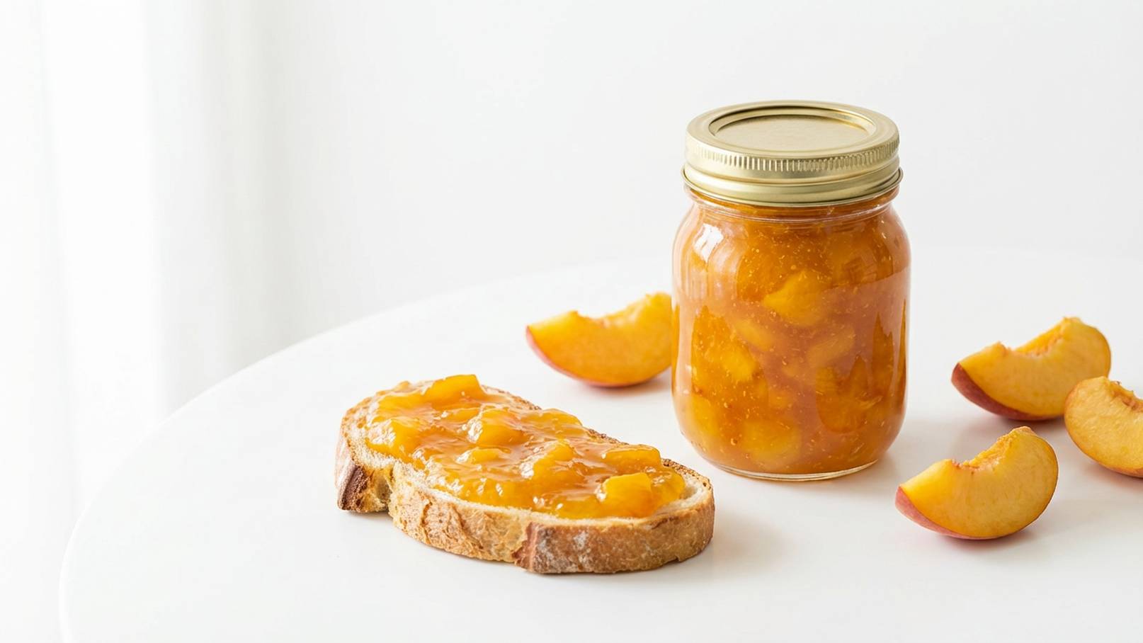 Ein Glas Pfirsichmarmelade steht neben einer Scheibe Brot, die mit der Marmelade bestrichen ist. Einige pfirsichfarbene Stücke liegen ebenfalls auf dem Tisch. Das Bild vermittelt eine appetitliche, einladende Atmosphäre.