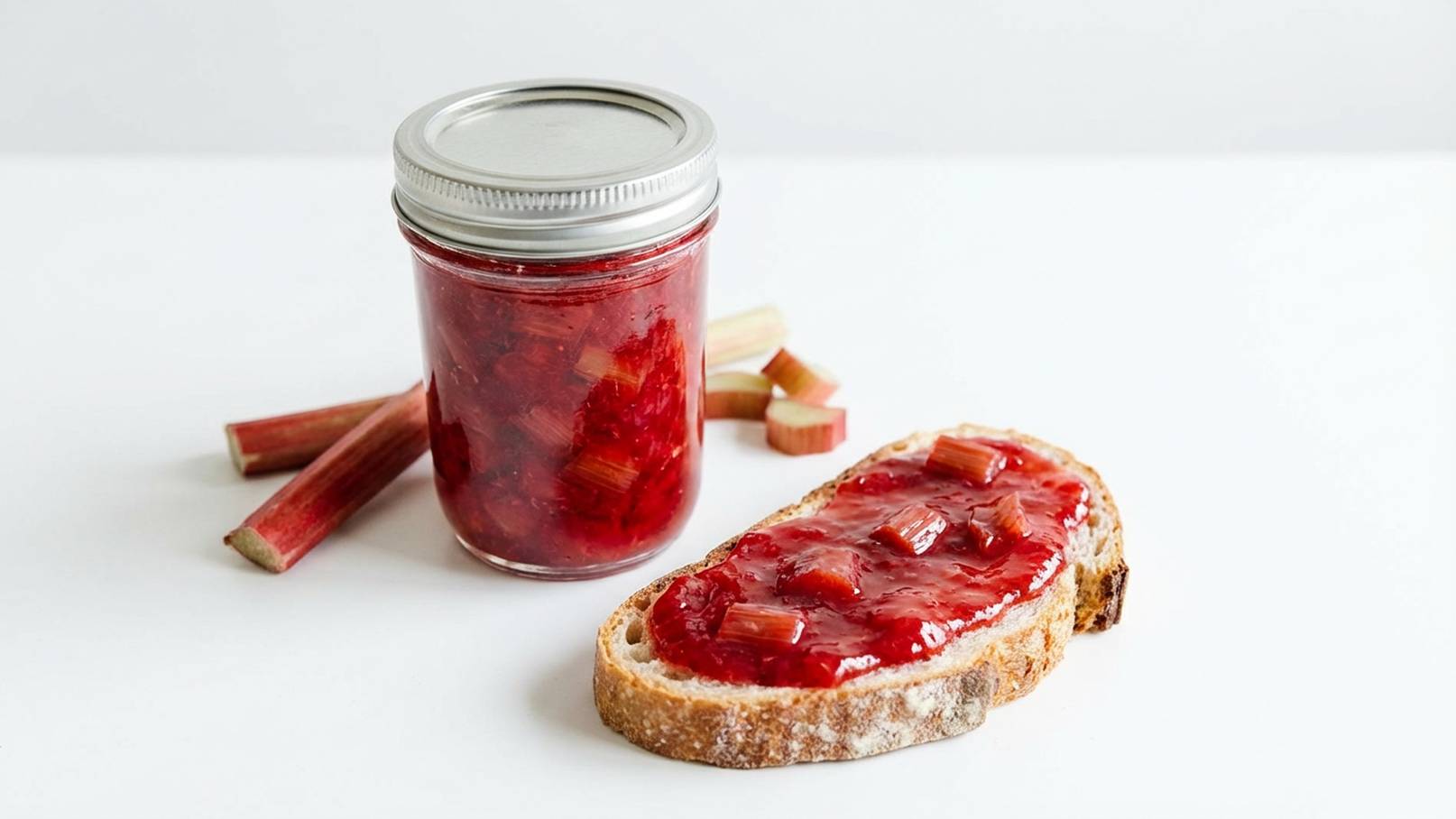 Ein Glas mit Rhabarbermarmelade steht neben einem bestrichenen Brot. Das Brot ist mit der rot-glänzenden Marmelade belegt und zeigt Stücke von Rhabarber. Im Hintergrund sind einige Rhabarberstangen zu sehen.