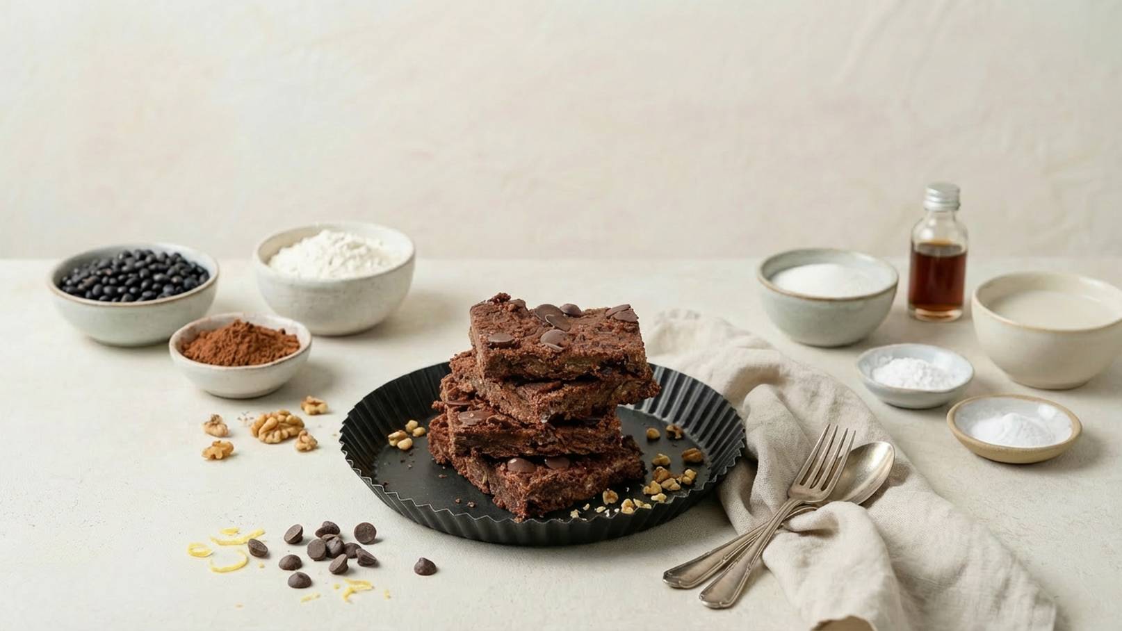 Ein kurzer Stapel von Schokoladenbrownies liegt auf einem schwarzen Teller. Um den Teller herum sind verschiedene Zutaten in kleinen Schalen angeordnet, darunter schwarze Bohnen, Mehl, Kakao und Zucker. Eine kleine Flasche mit Flüssigkeit steht daneben.