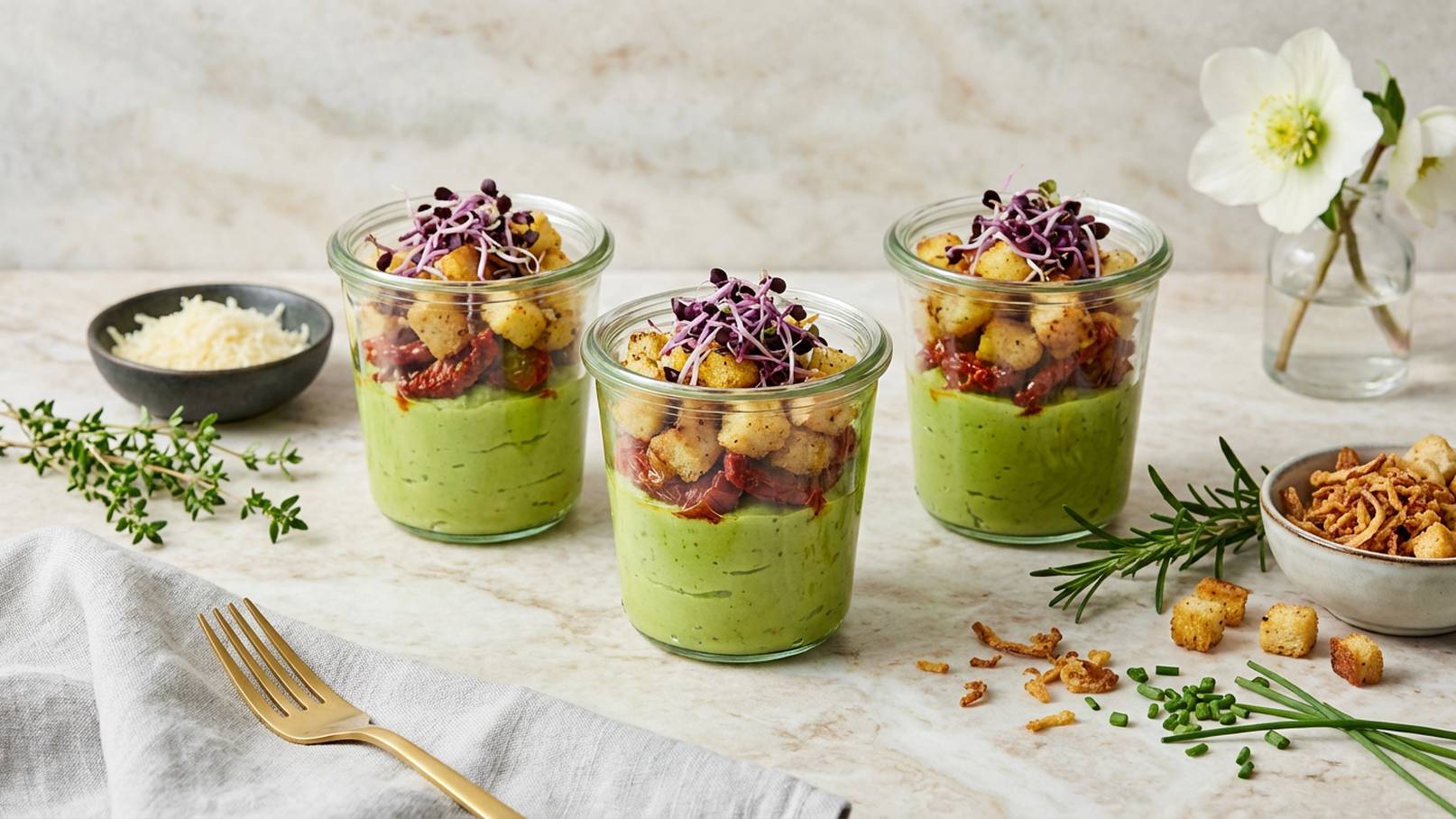 Drei Gläser mit grüner Creme, garniert mit gebratenen Brotstücken, getrockneten Tomaten und Sprossen. Links ein kleiner Schüssel mit geriebenem Käse und frischen Kräutern. Im Hintergrund eine Vase mit einer weißen Blume.