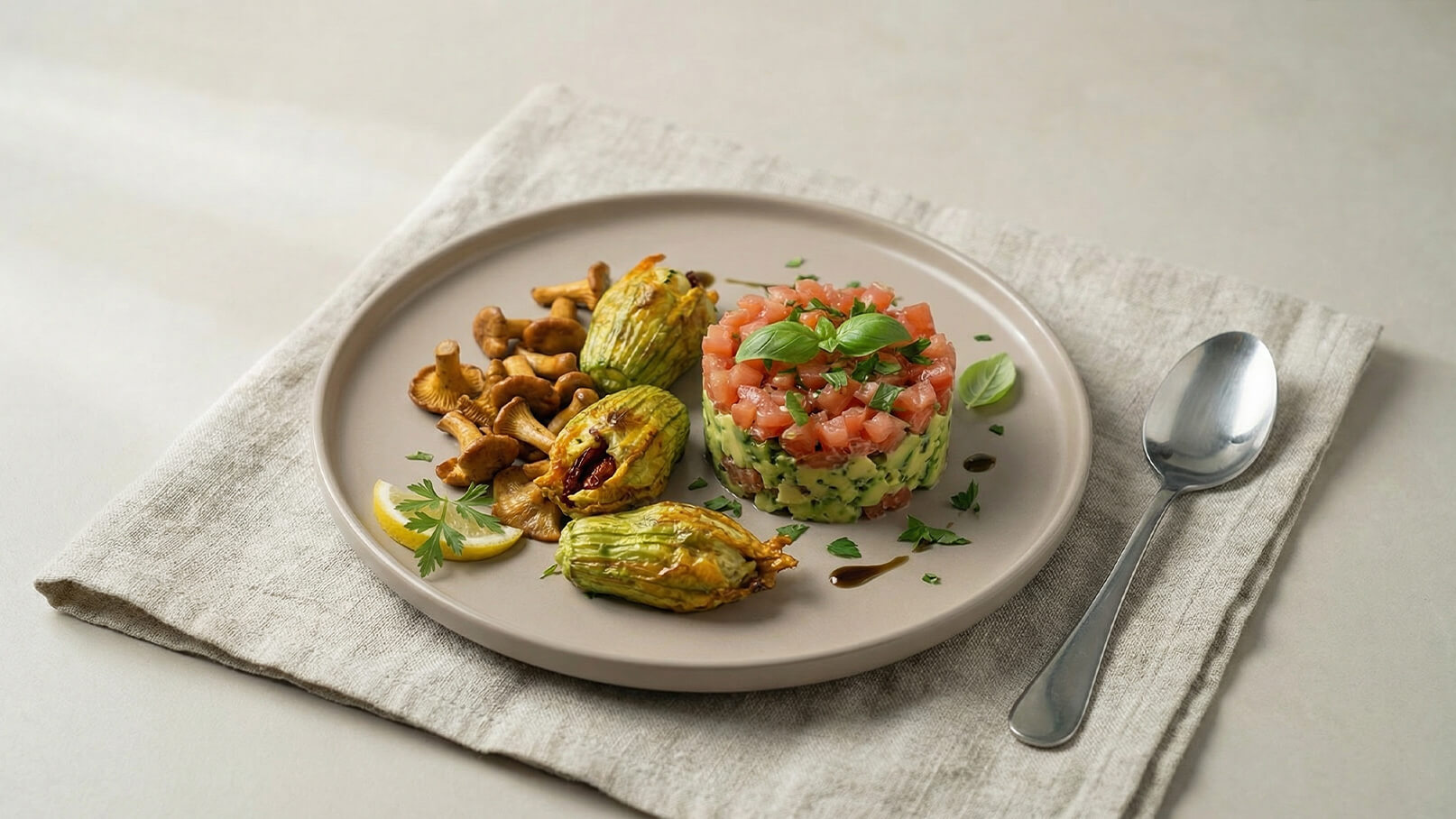 Auf einem Teller befindet sich ein kunstvoll angerichtetes Gericht mit einer Quinoa-Basis, die mit frischem Gemüse und Kräutern garniert ist. Dazu liegen gefüllte Zucchiniblüten und sautierte Pfifferlinge. Die Präsentation zeigt eine harmonische Kombination aus Farben und Texturen.