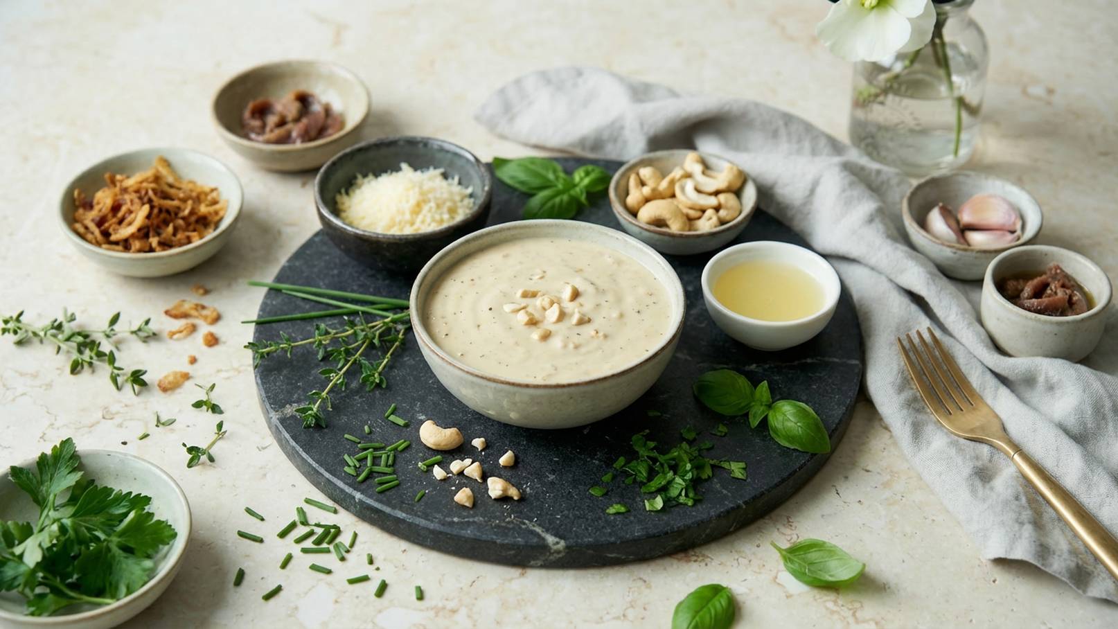 Eine Schüssel mit cremiger Suppe steht auf einem schwarzen Steinuntersetzer. Daneben befinden sich verschiedene Schalen mit Zutaten wie gehackten Nüssen, Kräutern, Käse und Öl. Frische Kräuter und eine Gabel sind ebenfalls auf dem Tisch arrangiert.