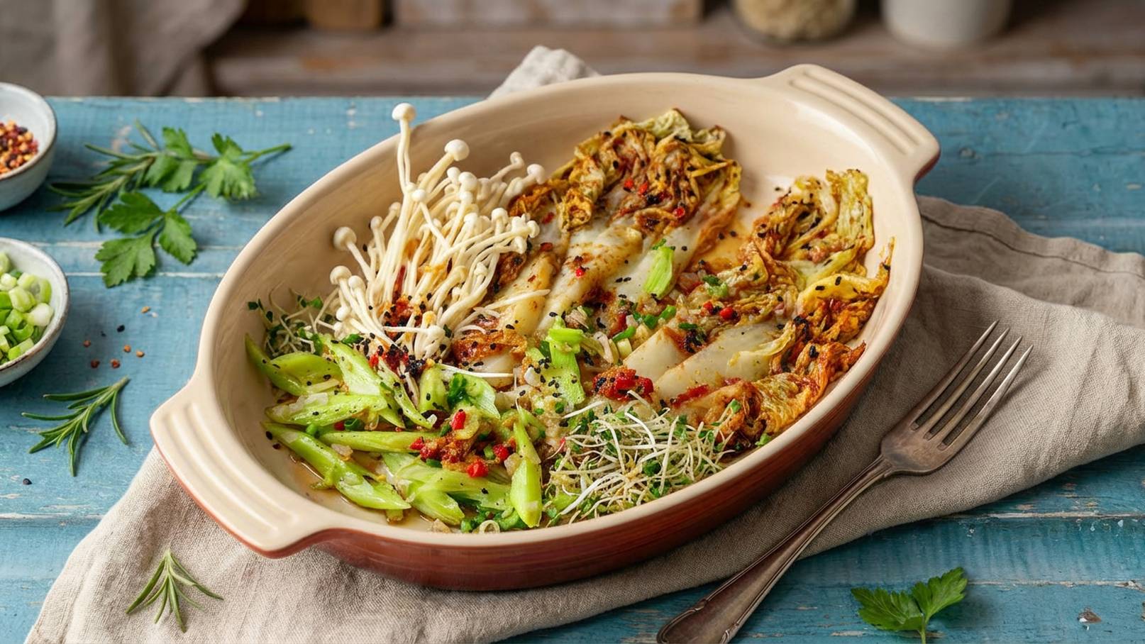 Ein Teller mit gebratenem Gemüse, darunter Pak Choi, grüne Paprika und Sprossen. Die Speise ist mit roten Chiliflocken und schwarzen Samen garniert. Im Hintergrund sind frische Kräuter zu sehen. Der Teller steht auf einem blauen Holztisch.