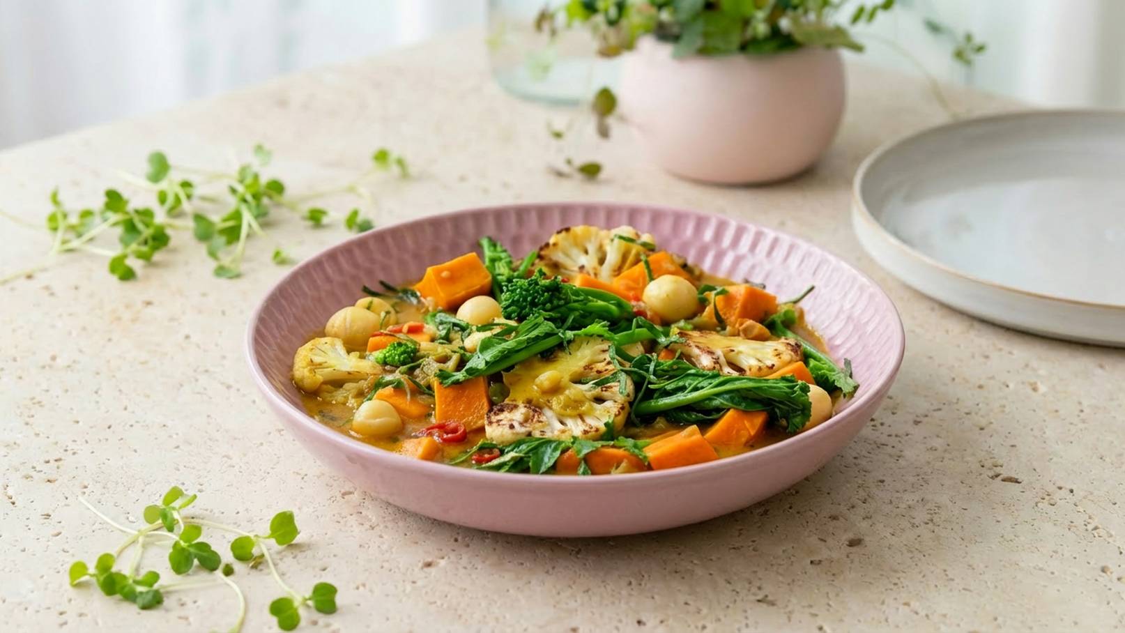 Eine pinke Schale enthält eine bunten Gemüsemischung aus Brokkoli, Möhren, Blumenkohl, und grünen Blättern in einer würzigen Sauce. Im Hintergrund sind frische Kräuter und ein weiterer Teller sichtbar.
