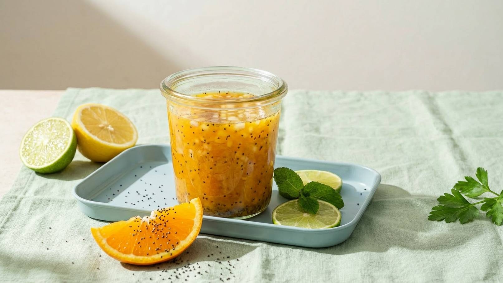 Ein Glas mit einer bunten Mischung aus Mango und Limette steht auf einem blauen Tablett. Daneben liegen eine orange und eine halbe Limette. Frische Minze und ein wenig Koriander ergänzen die Szene. Der Hintergrund ist hell und neutral gehalten.