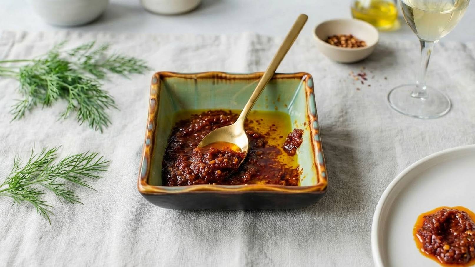 Ein quadratisches Schälchen mit würziger Sauce, in der ein Silberlöffel steckt. Die Sauce hat eine dunkle, herzhafte Farbe. Neben dem Schälchen sind einige Kräuter und eine kleine Schale mit Gewürzen zu sehen, auf einem hellen Tisch.