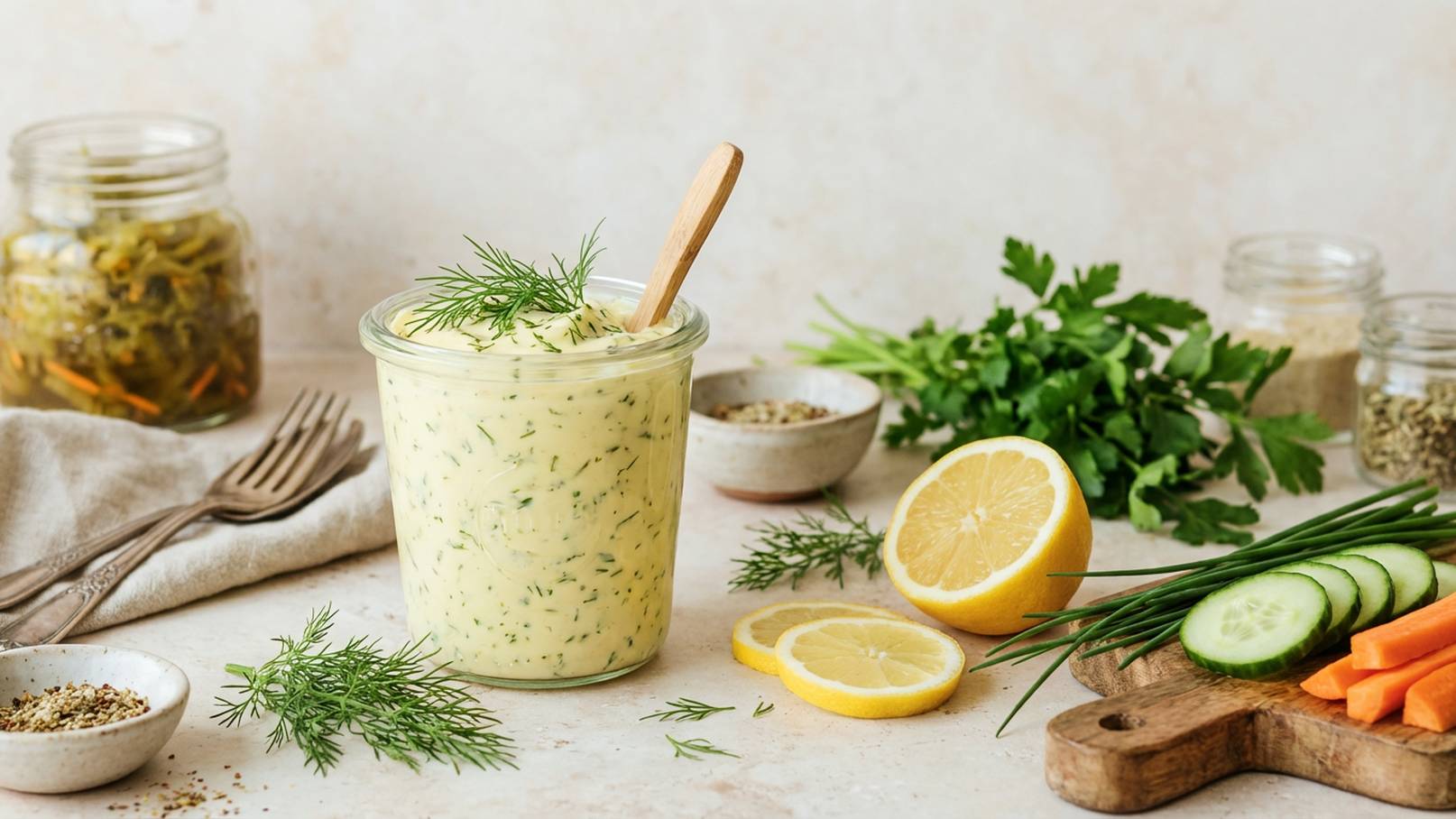 Ein Glas mit einer cremigen, hellgelben Sauce, garniert mit frischem Dill. Daneben sind Zitronenscheiben, Gurken, Karotten und frische Kräuter auf einem Holzbrett angeordnet. Die Umgebung ist hell und neutral gehalten, mit weiteren Zutaten im Hintergrund.