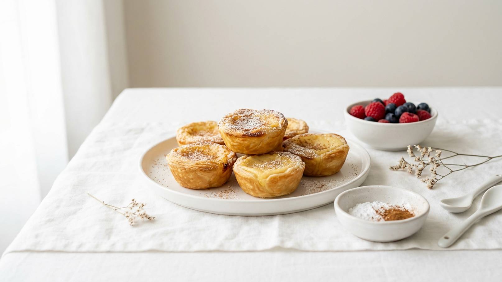 Ein Teller mit sechs goldbraunen, pudrig bestäubten Puddingtörtchen steht auf einem weißen Tisch. Daneben befindet sich eine Schüssel mit frischen Beeren (Himbeeren und Blaubeeren) sowie eine kleine Schale mit Zimt. Ein dezentes, helles Ambiente umgibt das Arrangement.