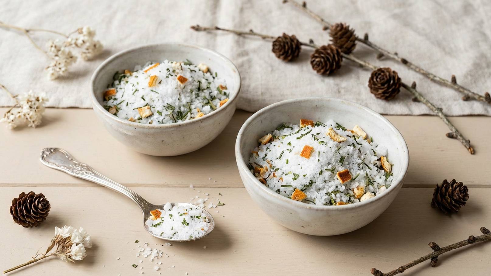 Zwei Schalen mit weißem Salz, verfeinert mit Kräutern und kleinen Stückchen. Eine silberne Löffel liegt neben den Schalen. Im Hintergrund sind Tannenzapfen und trockene Pflanzen dekorativ angeordnet. Der Untergrund ist schlicht und hell.