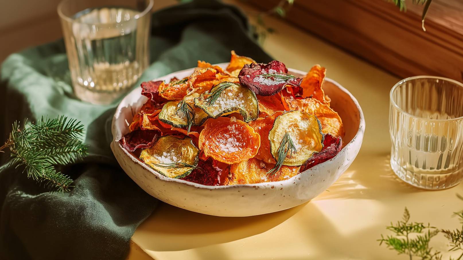 Schale mit bunten, knusprigen Gemüseschnipseln, darunter Karotten, Rote Bete und Zucchini, garniert mit Kräutern und einer Prise Salz. Im Hintergrund ein Glas Wasser und grüne Stoffe, die eine gemütliche Atmosphäre schaffen.