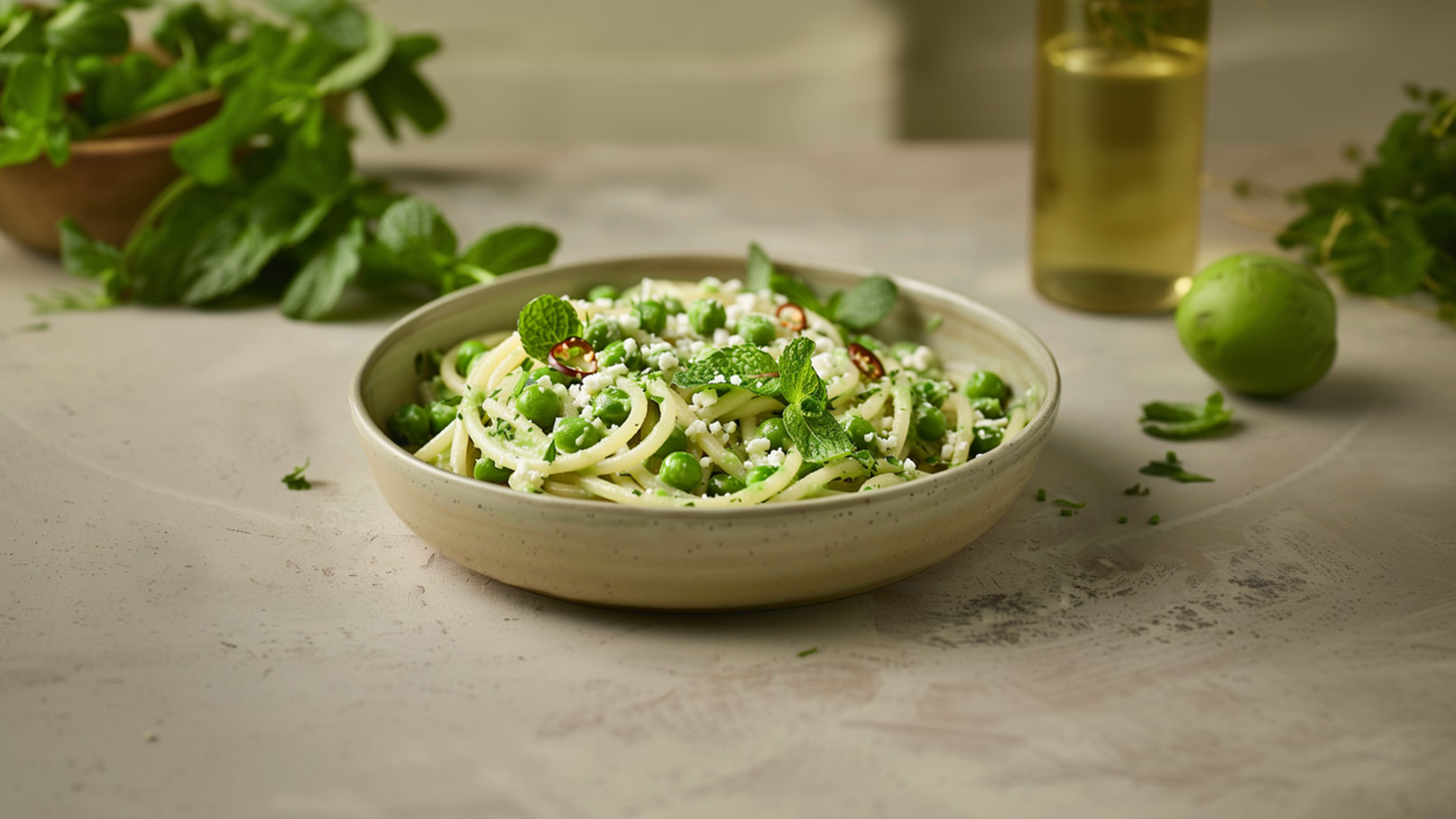 Ein Teller mit Spaghetti, garniert mit frischen grünen Erbsen und gehackter Minze. Die Pasta ist mit Parmesan und schwarzem Pfeffer bestreut, was einen appetitlichen Eindruck hinterlässt. Der Hintergrund zeigt unscharfe Kräuter und Knoblauchzehen.