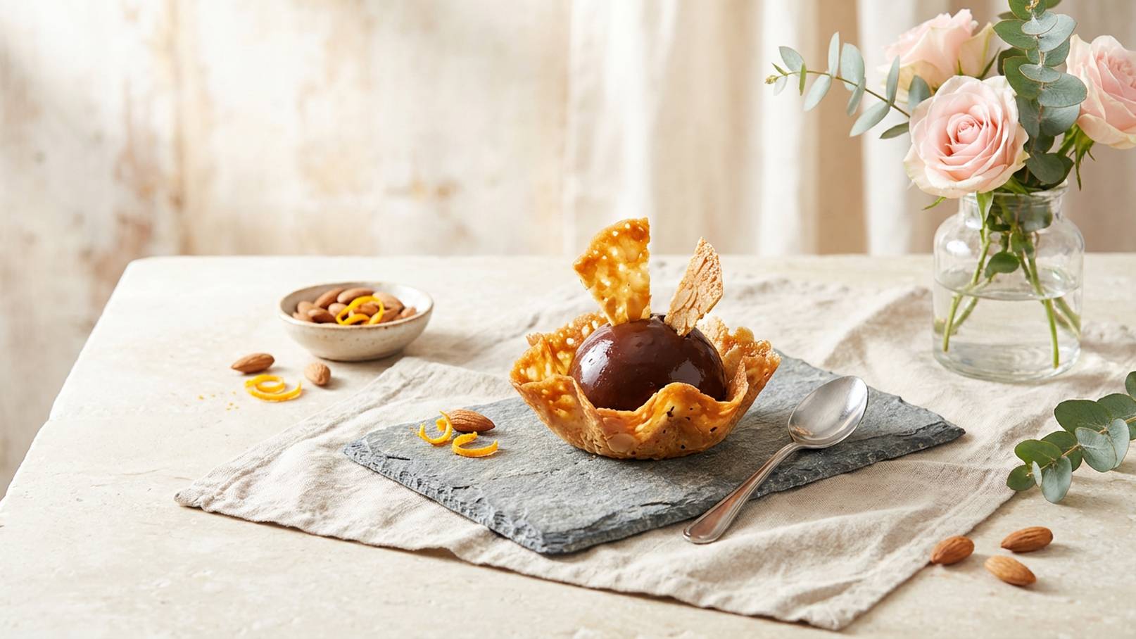 Eine Schokoladeneiskugel sitzt in einer essbaren Waffelschale, dekoriert mit knusprigen Waffelstücken. Neben der Eisdessert stehen eine kleine Schüssel mit Mandeln und Orangenschalen sowie ein Löffel auf einem grauen Steinuntersetzer. Im Hintergrund steht eine Vase mit rosa Rosen.
