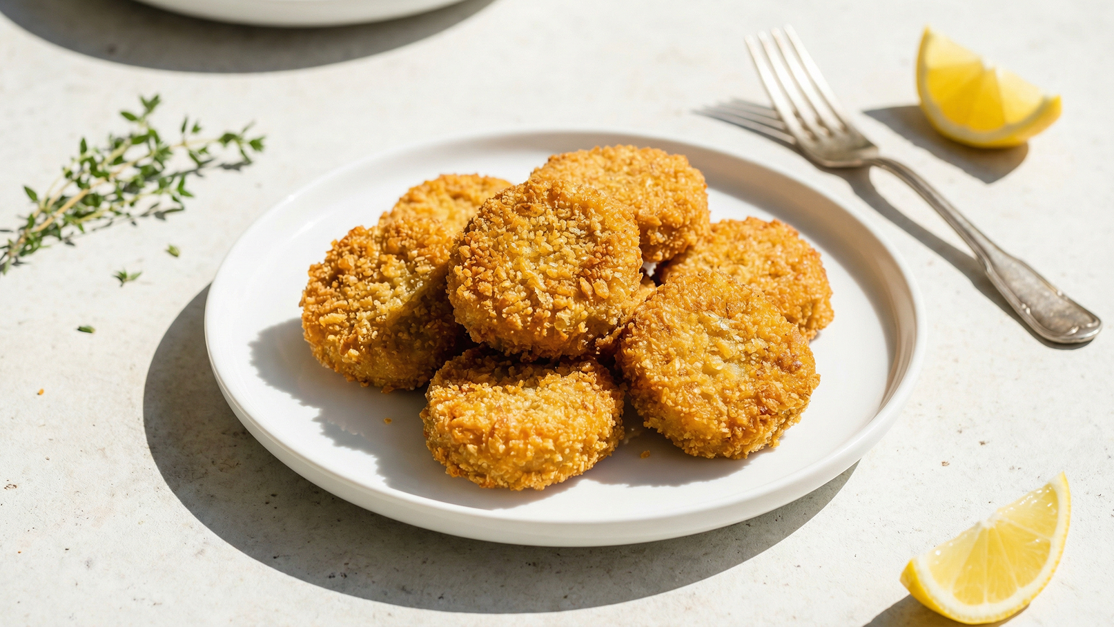 Ein Teller mit knusprig gebratenen Häppchen, umgeben von frischen Zitronenscheiben und Thymianzweigen. Die Häppchen haben eine goldbraune Panade und sind auf einem weißen Teller angerichtet. Die Szene vermittelt einen einladenden und appetitlichen Eindruck.