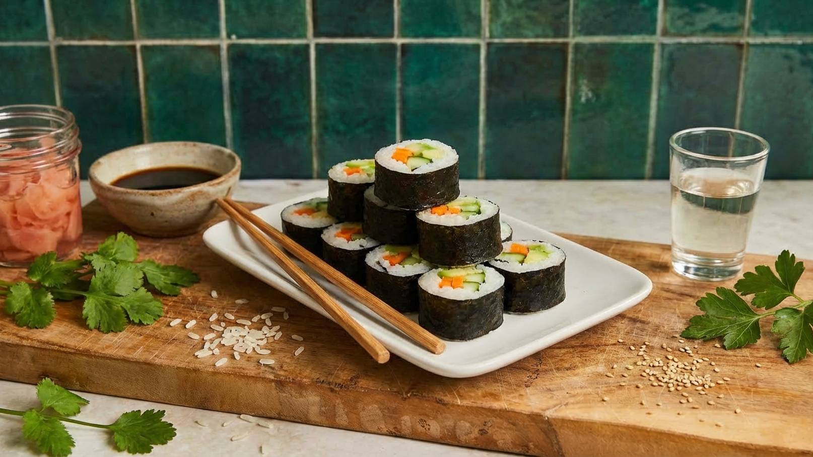 Ein Teller mit mehreren Sushi-Rollen aus Nori, gefüllt mit Reis, Gurke und Karotte, steht auf einem Holzbrett. Daneben liegen Essstäbchen, eine Schale Sojasauce und ein Glas Wasser. Frische Kräuter und ein Glas eingelegter Ingwer sind ebenfalls sichtbar.