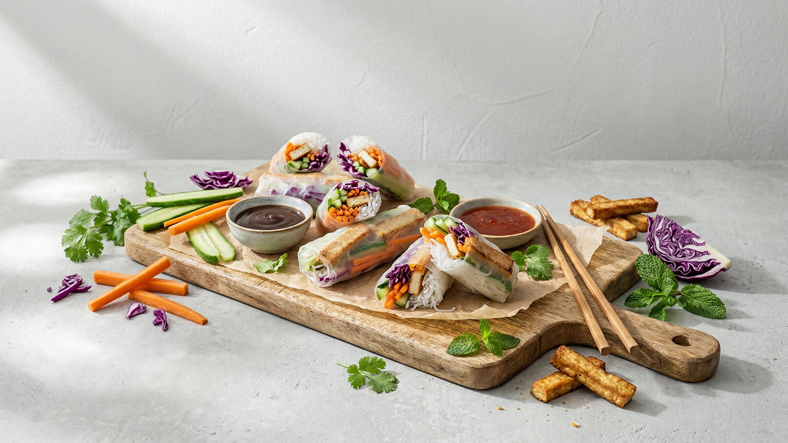 Auf einem Holzbrett liegen frische Gemüse-Rollen, gefüllt mit Reisnudeln, Karotten, Gurken und Rotkohl. Daneben befinden sich zwei Schalen mit verschiedenen Saucen und einige Gemüse-Streifen, darunter Karotten und Gurken. Zwei Essstäbchen liegen ebenfalls auf dem Brett.