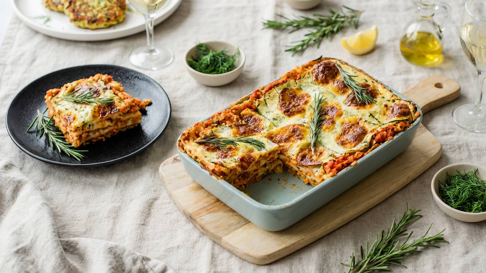 Ein Auflauf in einer blauen Auflaufform, garniert mit frischem Rosmarin, steht auf einem Holzbrett. Neben dem Auflauf befindet sich ein Teller mit einem Stück Lasagne und Kräutern. Im Hintergrund sind Gläser mit Wein und Zitronenscheiben zu sehen.