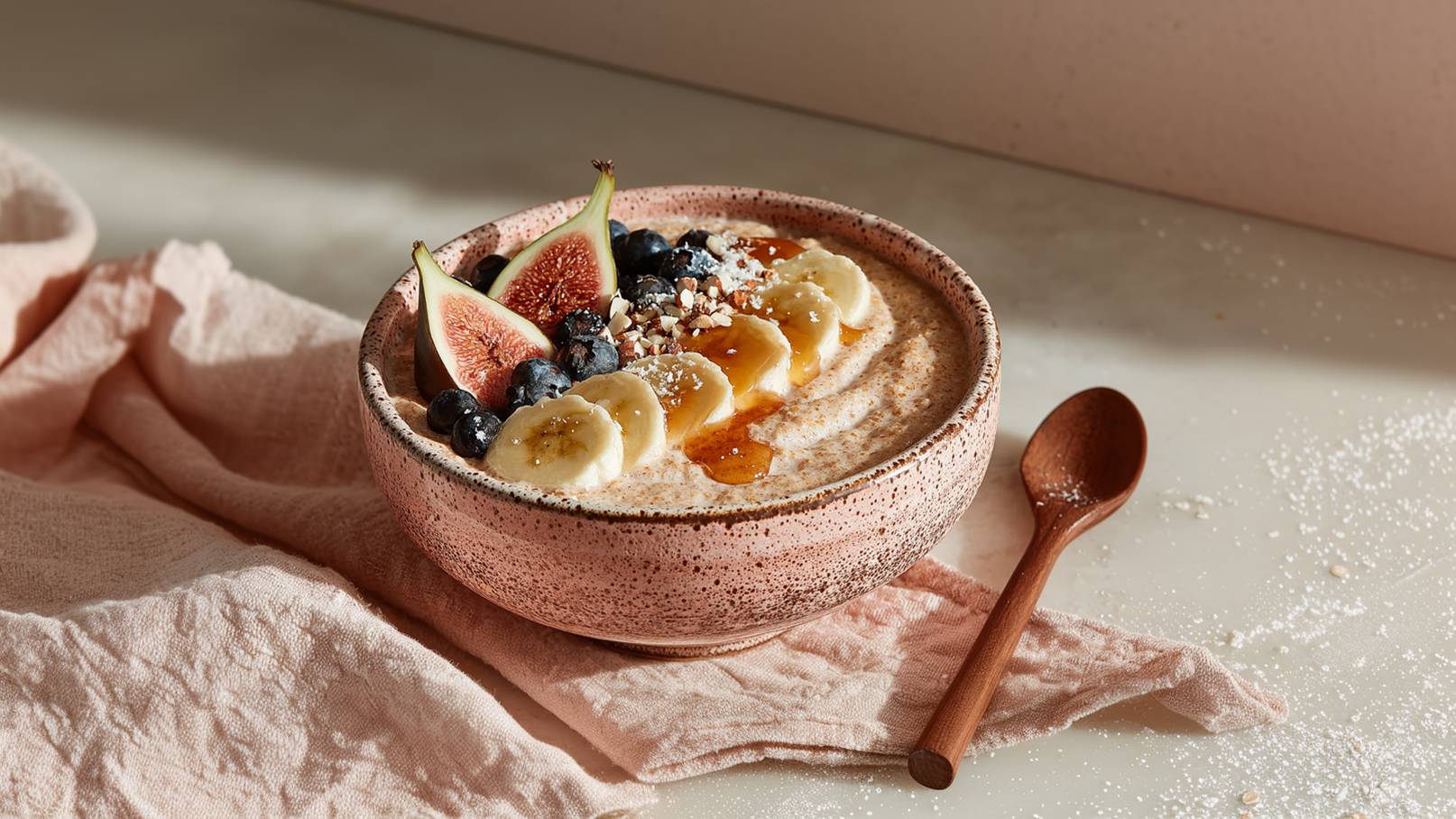 Eine dekorative Schüssel mit Haferbrei, garniert mit frischen Feigen, Bananenscheiben, Blaubeeren und gehackten Nüssen. Ein Schuss Honig verleiht dem Gericht zusätzlichen Glanz. Die Schüssel steht auf einem weichen Tuch, daneben liegt ein kleiner Holzlöffel.