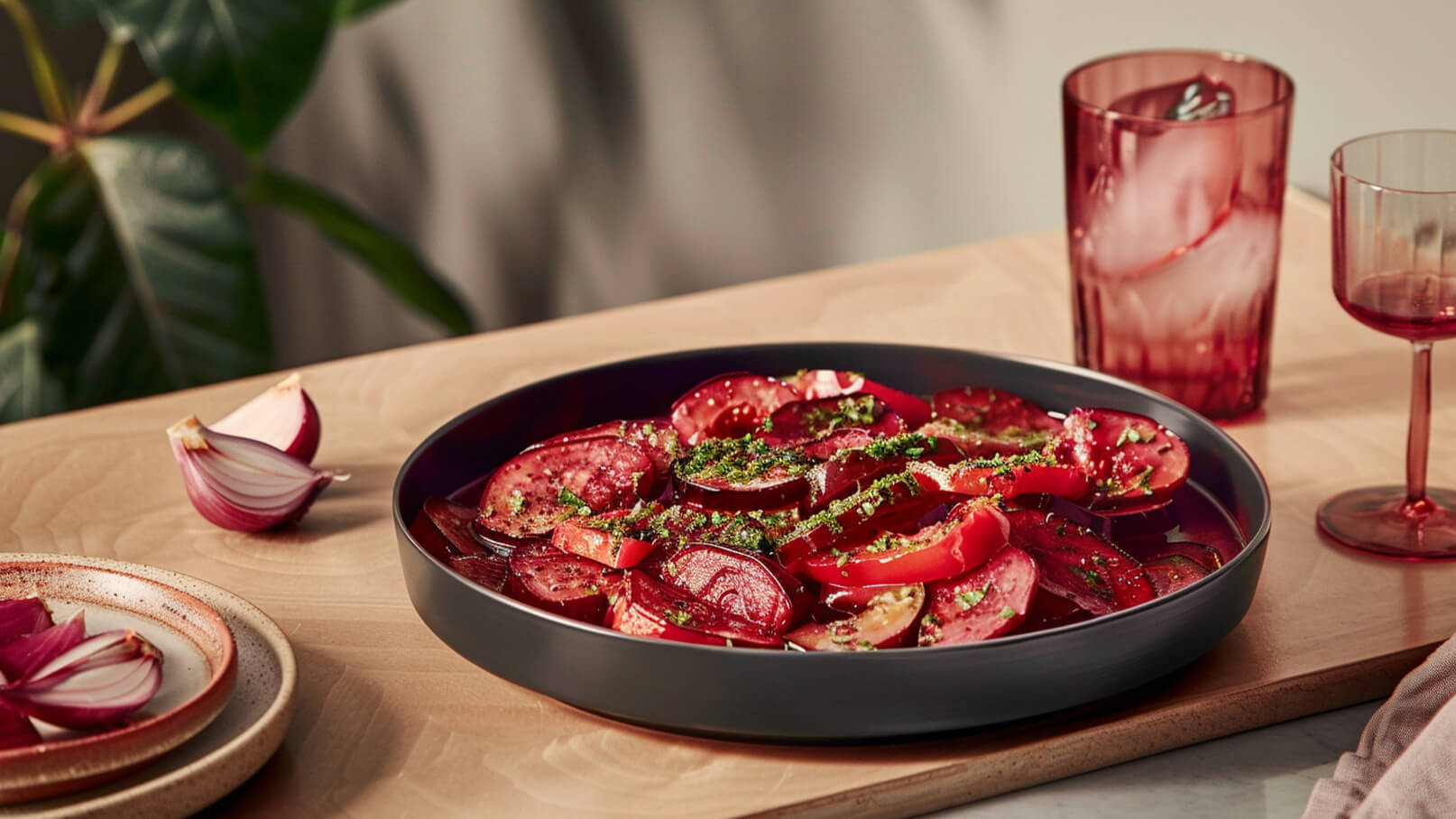 Eine dunkle Schale mit roten Tomatenscheiben, garniert mit frischen Kräutern, steht auf einem Holztablett. Neben der Schale sind verschiedene rote Zwiebelstücke und Gläser mit Getränken zu sehen. Die Präsentation wirkt frisch und einladend.
