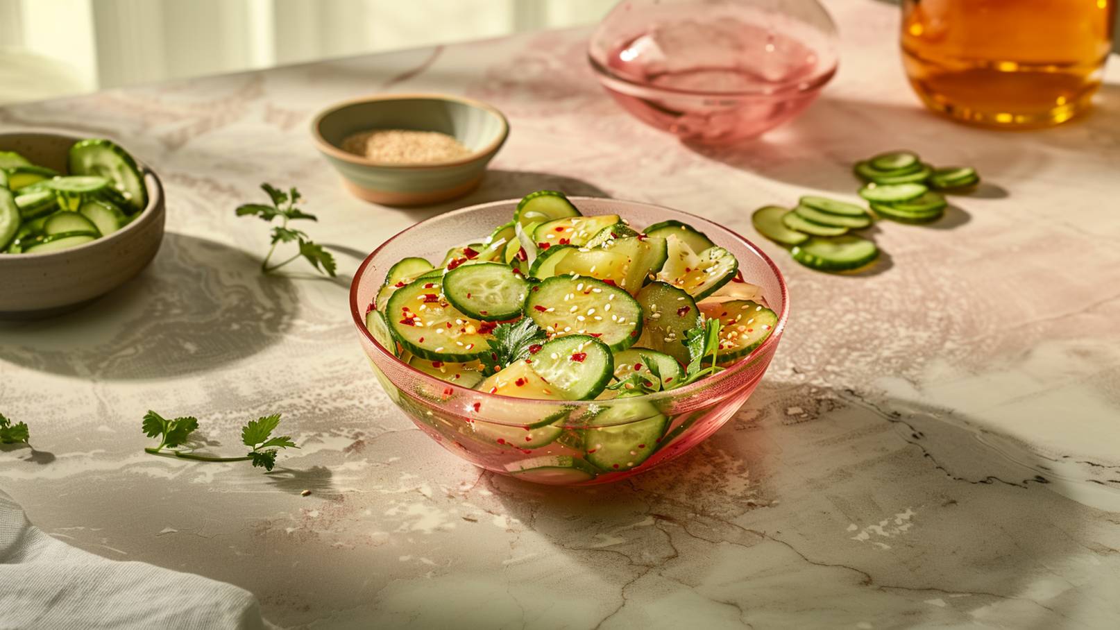 Eine transparente Schüssel mit geschnittenen Gurken, bestreut mit Sesam und roten Chili-Flocken. Daneben befinden sich frische Korianderblätter und ein kleiner Teller mit weiteren Gurkenscheiben. Der Hintergrund ist hell und zeigt eine elegante Tischdecke.