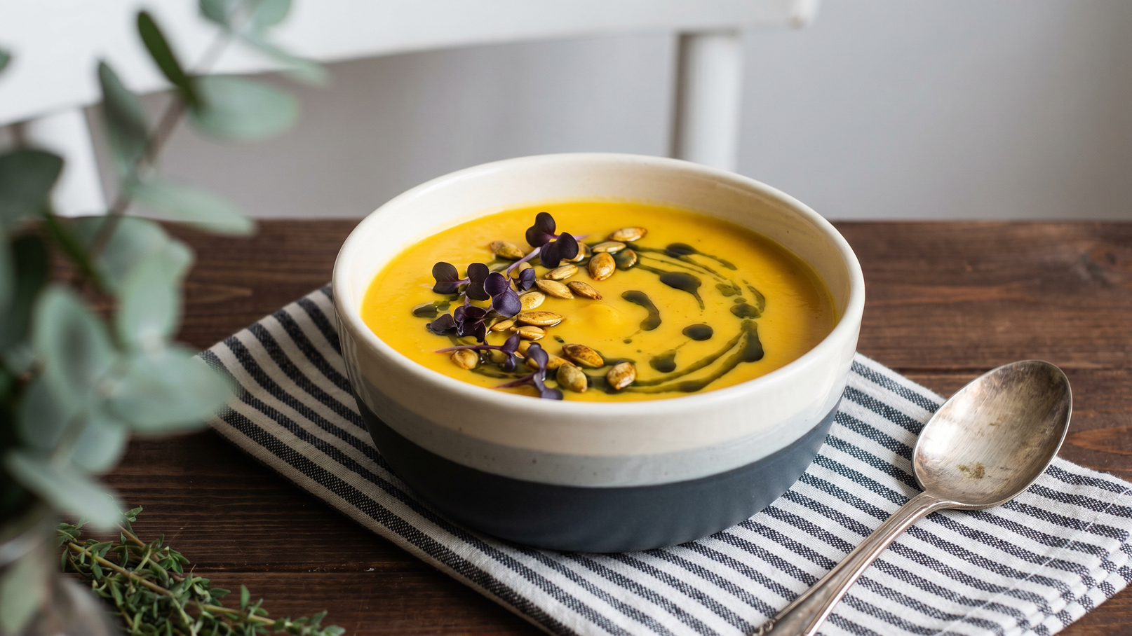 Eine Schüssel mit cremiger, gelber Kürbissuppe, garniert mit grünen Kürbiskernen und lila Mikrogreens. Die Schüssel steht auf einem gestreiften Geschirrtuch, neben einem Löffel aus Metall. Der Hintergrund ist neutral und unauffällig.