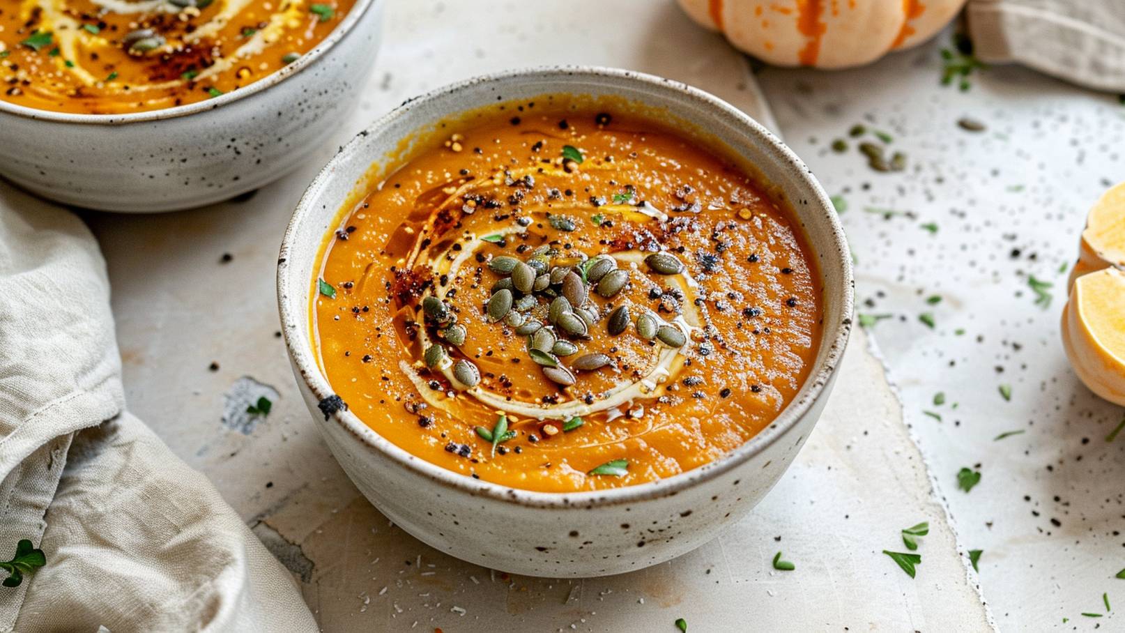 Eine Schüssel mit leuchtend orangefarbener Kürbissuppe wird von gerösteten Kürbiskernen und Kräutern garniert. Die Suppe hat eine cremige Konsistenz und wirkt appetitlich. Im Hintergrund sind eine zweite Schüssel und einige Kürbisse zu sehen.