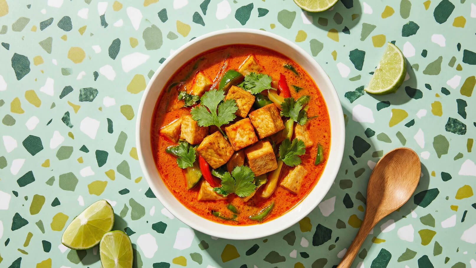 Ein weißer Teller mit einer bunten, kokosnussartigen Suppe, gefüllt mit stückigem Tofu, buntem Gemüse und frischem Koriander. Daneben liegen einige halbierte Limetten und ein Holzlöffel auf einem gemusterten grünen Untergrund.