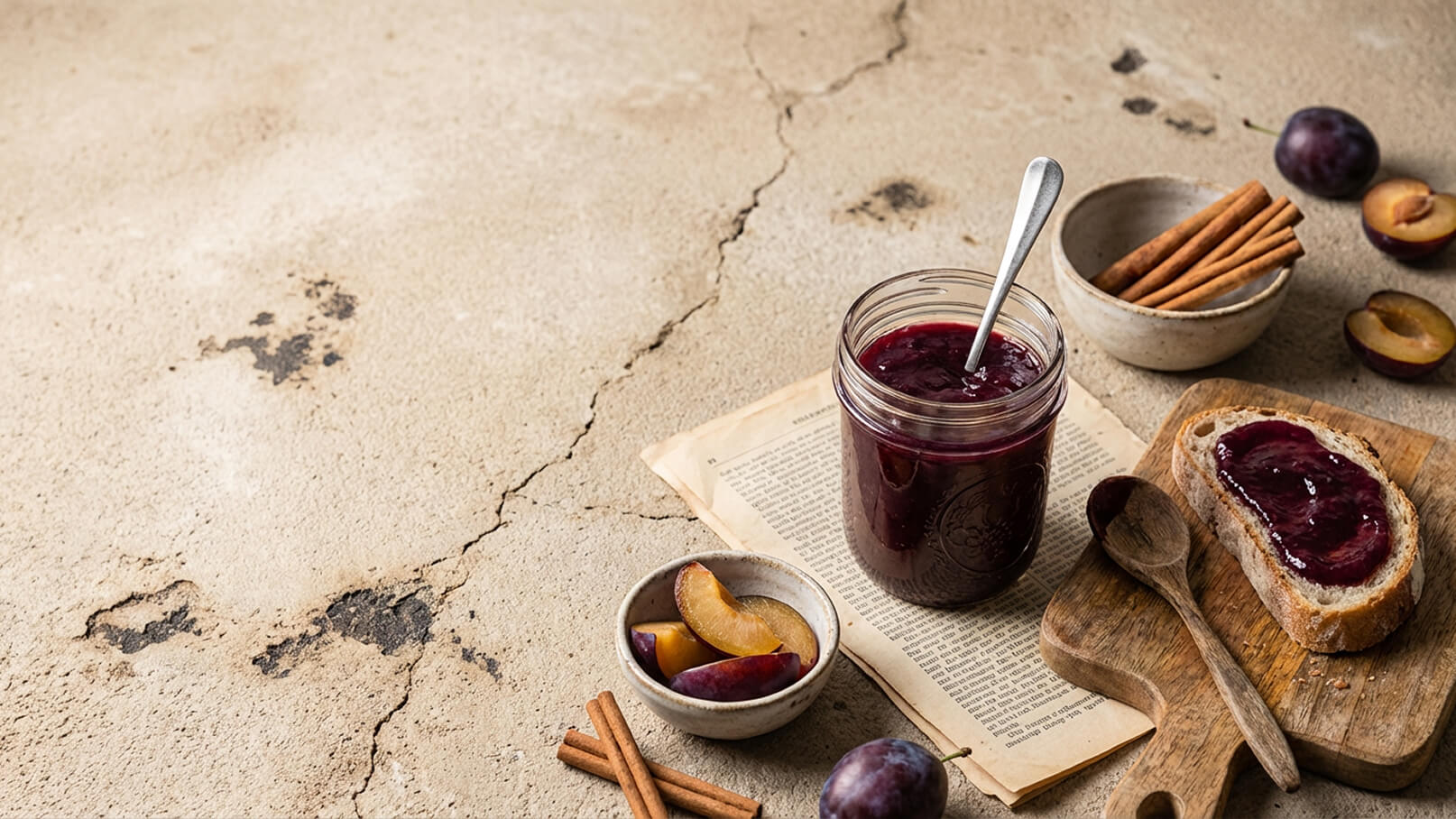 Ein Glas Pflaumenmarmelade mit einem Löffel steht auf einem Holzbrett neben einem belegten Brot. Daneben liegen frische Pflaumen, einige aufgeschnitten, sowie Zimtstangen in einer kleinen Schüssel. Die Hintergrundfläche ist rau und unregelmäßig.