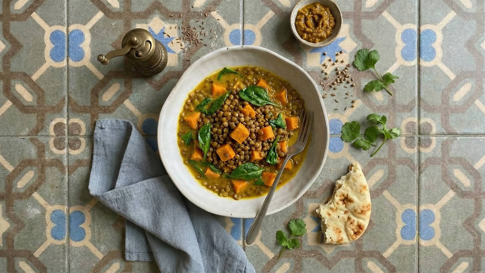Eine Schüssel mit Linsen und Süßkartoffeln, garniert mit frischem Spinat, steht auf einem gemusterten Tisch. Neben der Schüssel liegt ein Stück Brot und ein kleiner Topf mit einer gelben Paste. Ein blauer Stoff liegt faltenfrei daneben.