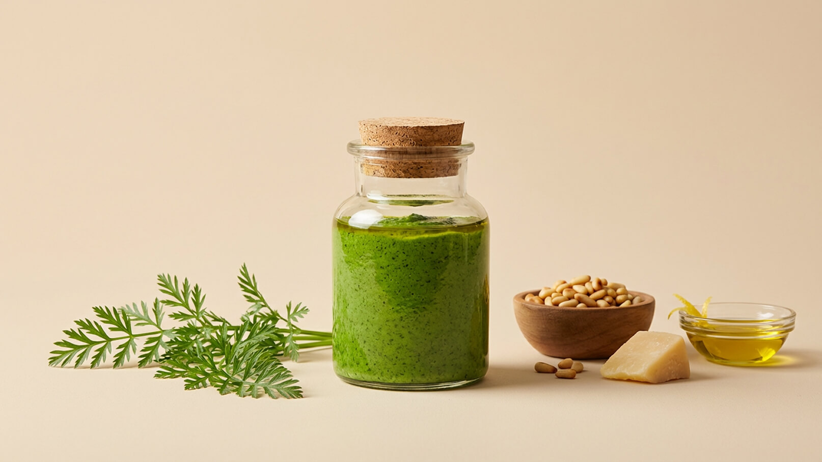 Ein Glasbehälter mit grünem Pesto steht im Vordergrund. Daneben befinden sich eine Schale mit Pinienkernen, ein Stück Käse und eine kleine Schale mit Olivenöl. Im Hintergrund sind frische Kräuterblätter zu sehen. Der Hintergrund ist hell und neutral.