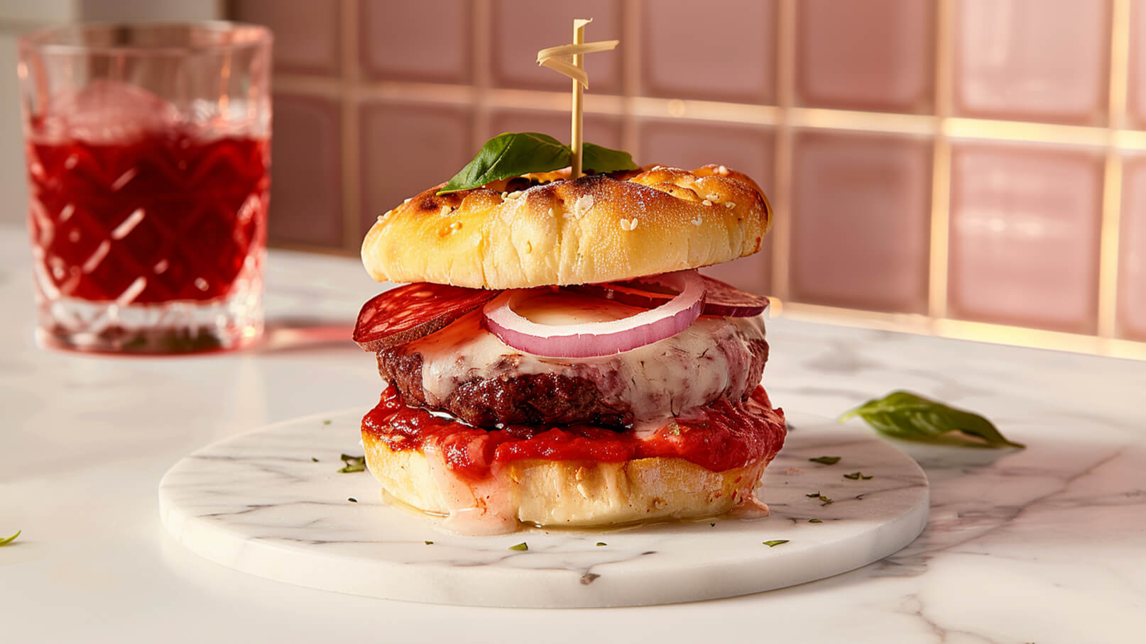 Ein saftiger Burger auf einem weißen Marmorteller. Er besteht aus einem weichen Brötchen, einem gegrillten Patty, geschmolzenem Käse, Tomatensauce, Zwiebelringen und einer Scheibe Salami. Ein Stück frischer Basilikum und ein Zahnstocker sind oben auf dem Burger platziert.